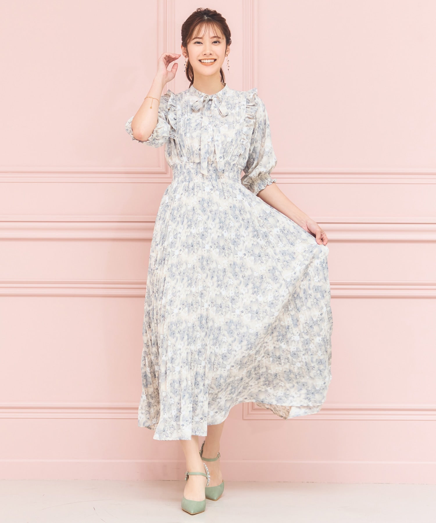 ワンピース 花柄 レトロ柄 半袖 プリーツ ミモレ丈dsh0098-104-18