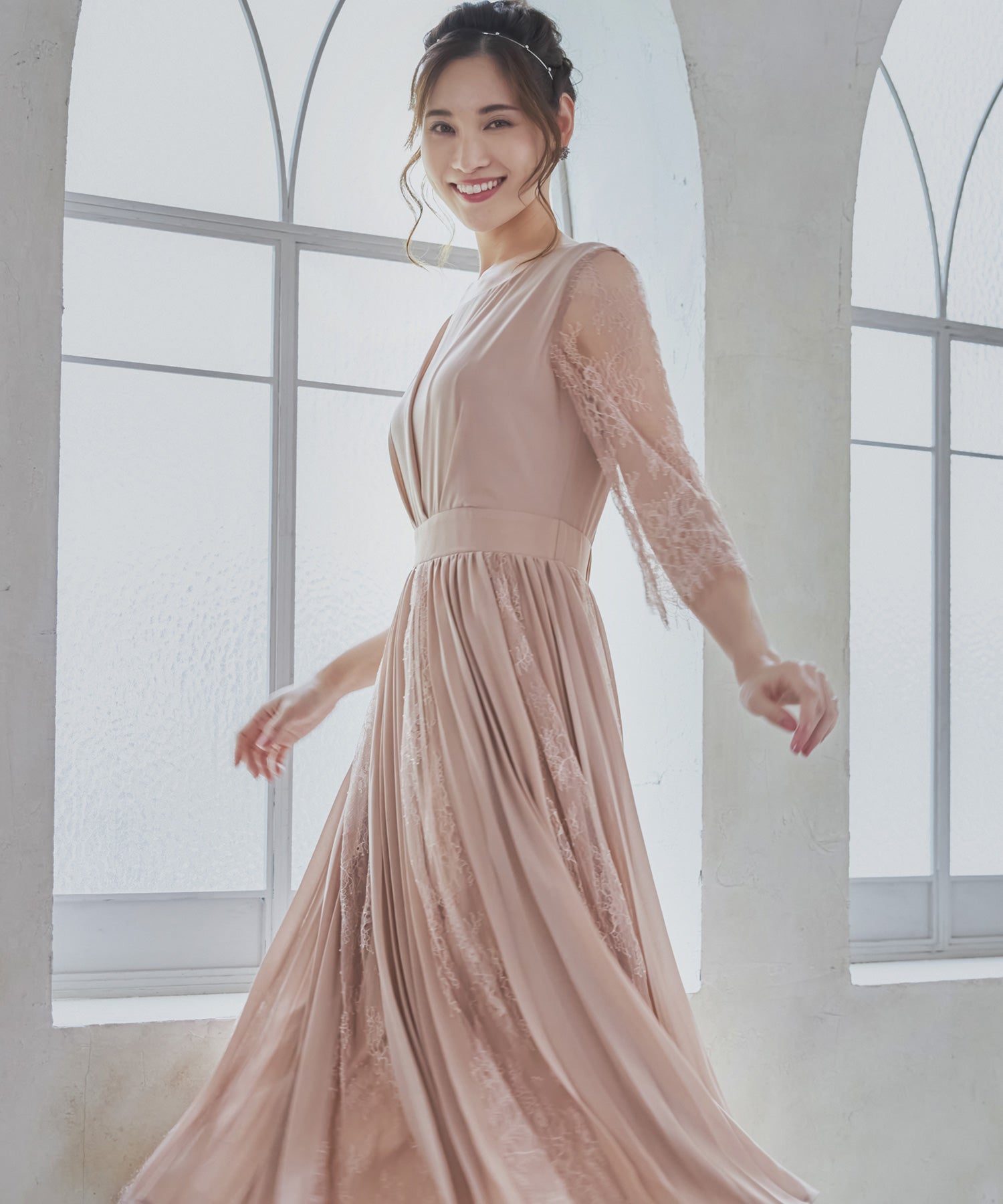 レースシフォンドッキングワンピース パーティードレスdsj0014 ベージュ