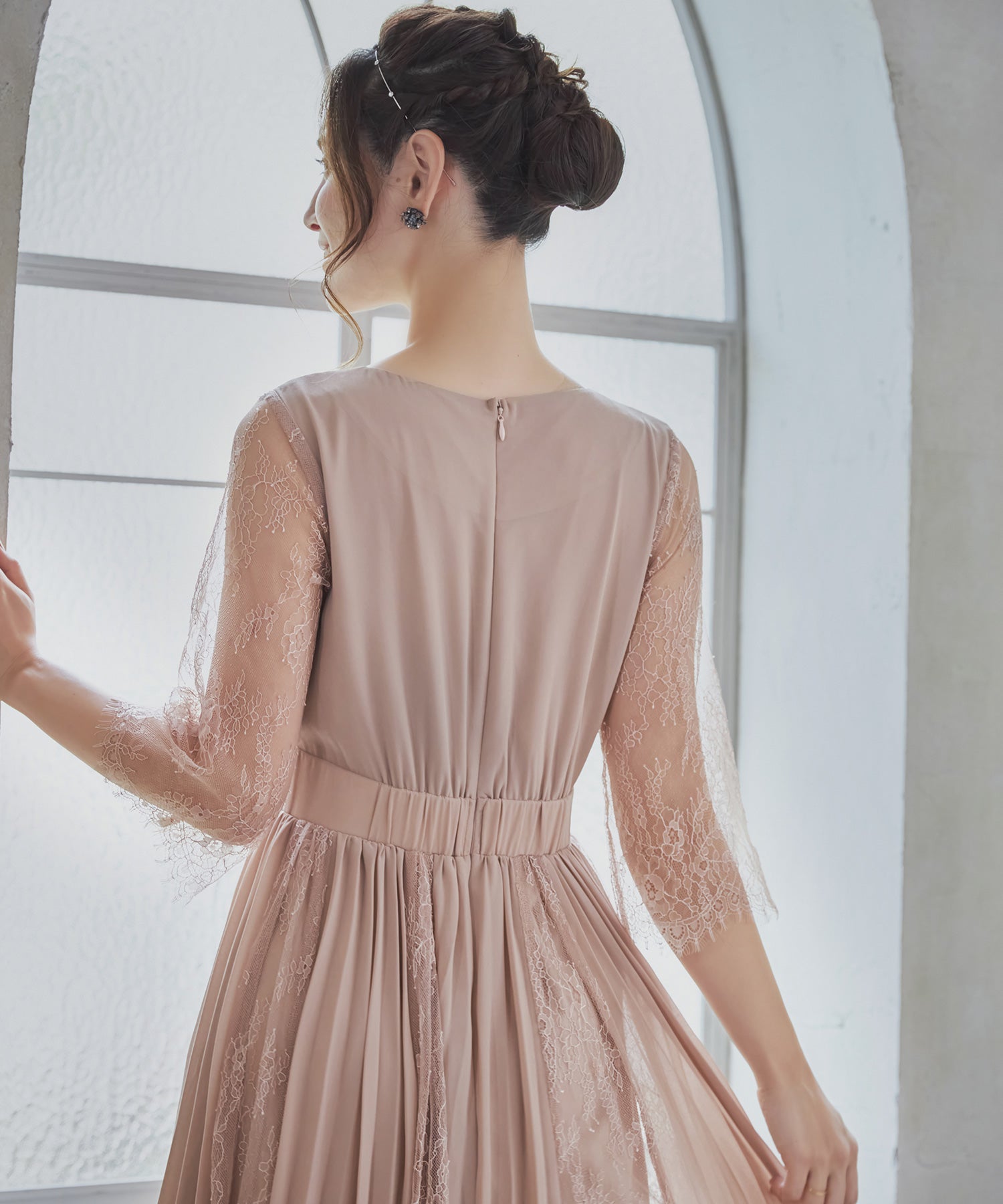 レースシフォンドッキングワンピース パーティードレスdsj0014 ベージュ