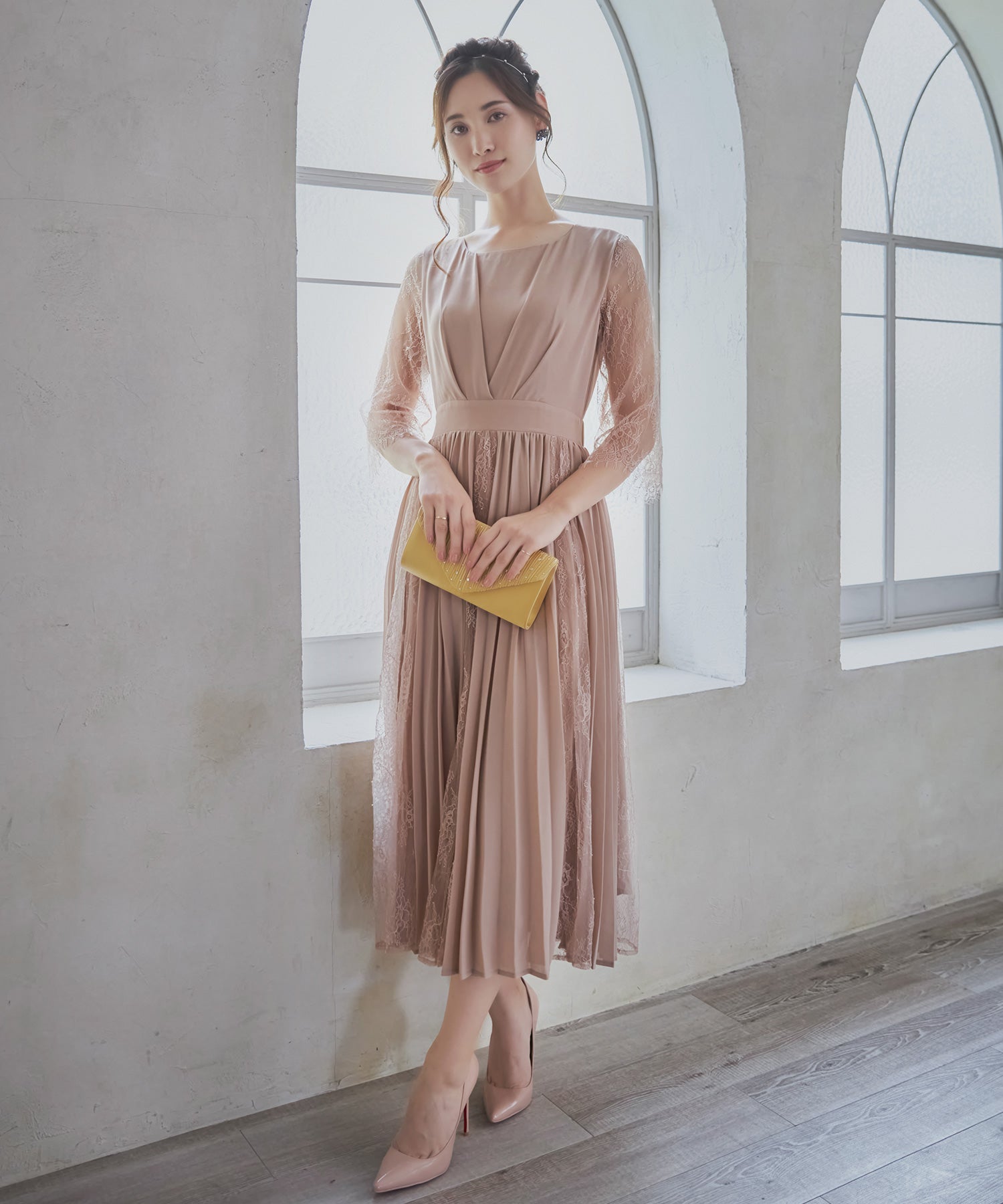 レースシフォンドッキングワンピース パーティードレスdsj0014 ベージュ