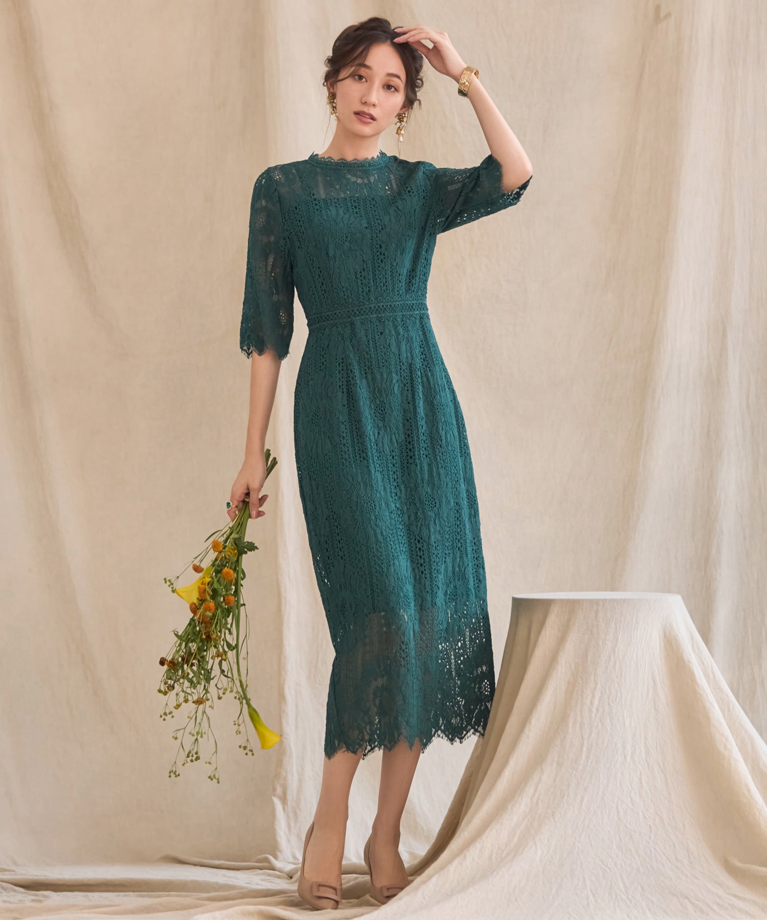 タイトシルエットのミモレ丈ワンピースドレス パーティードレス 結婚式dsj0015-106-9