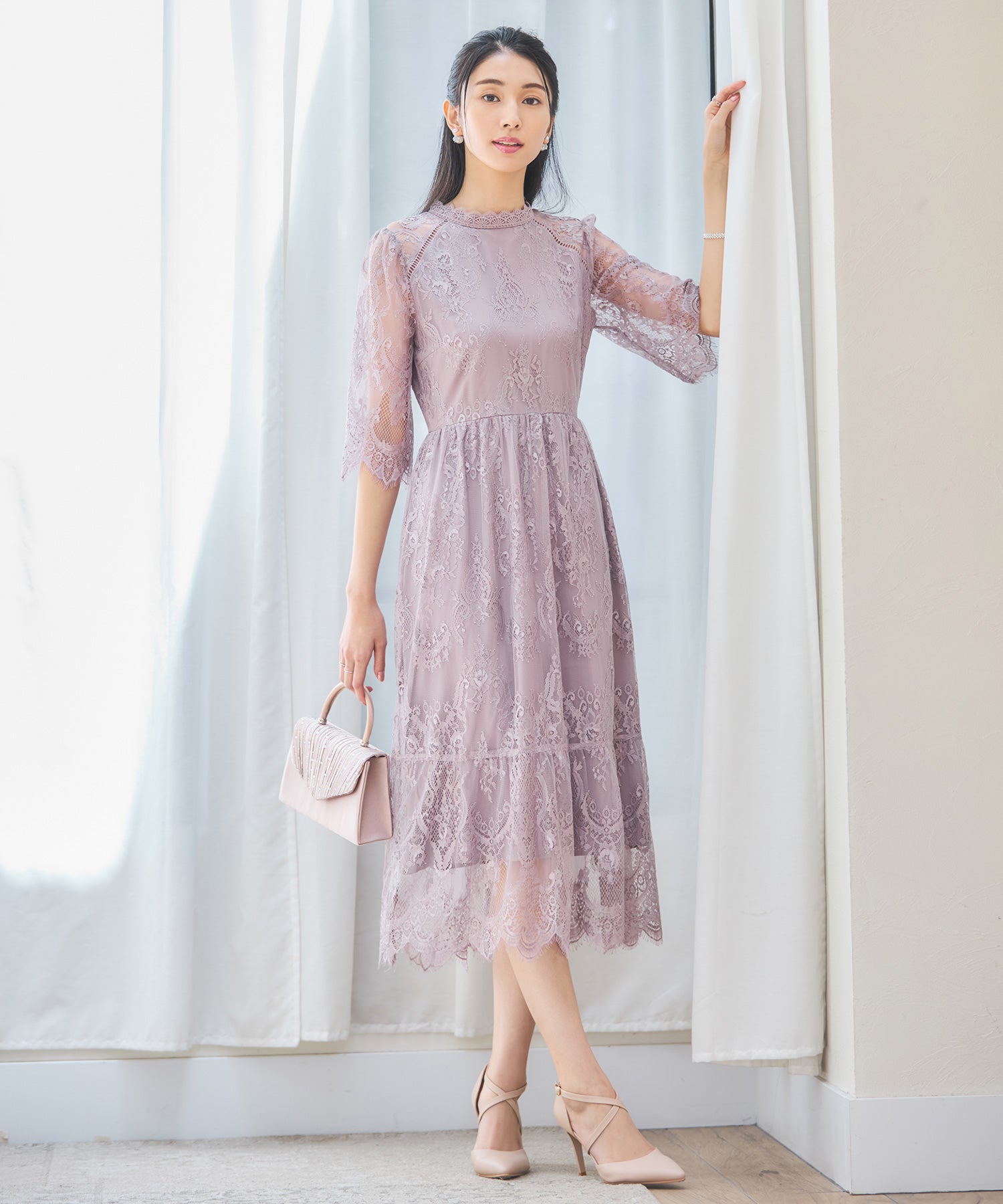 レーススタンドカラーワンピースドレスパーティードレス – DRESS+