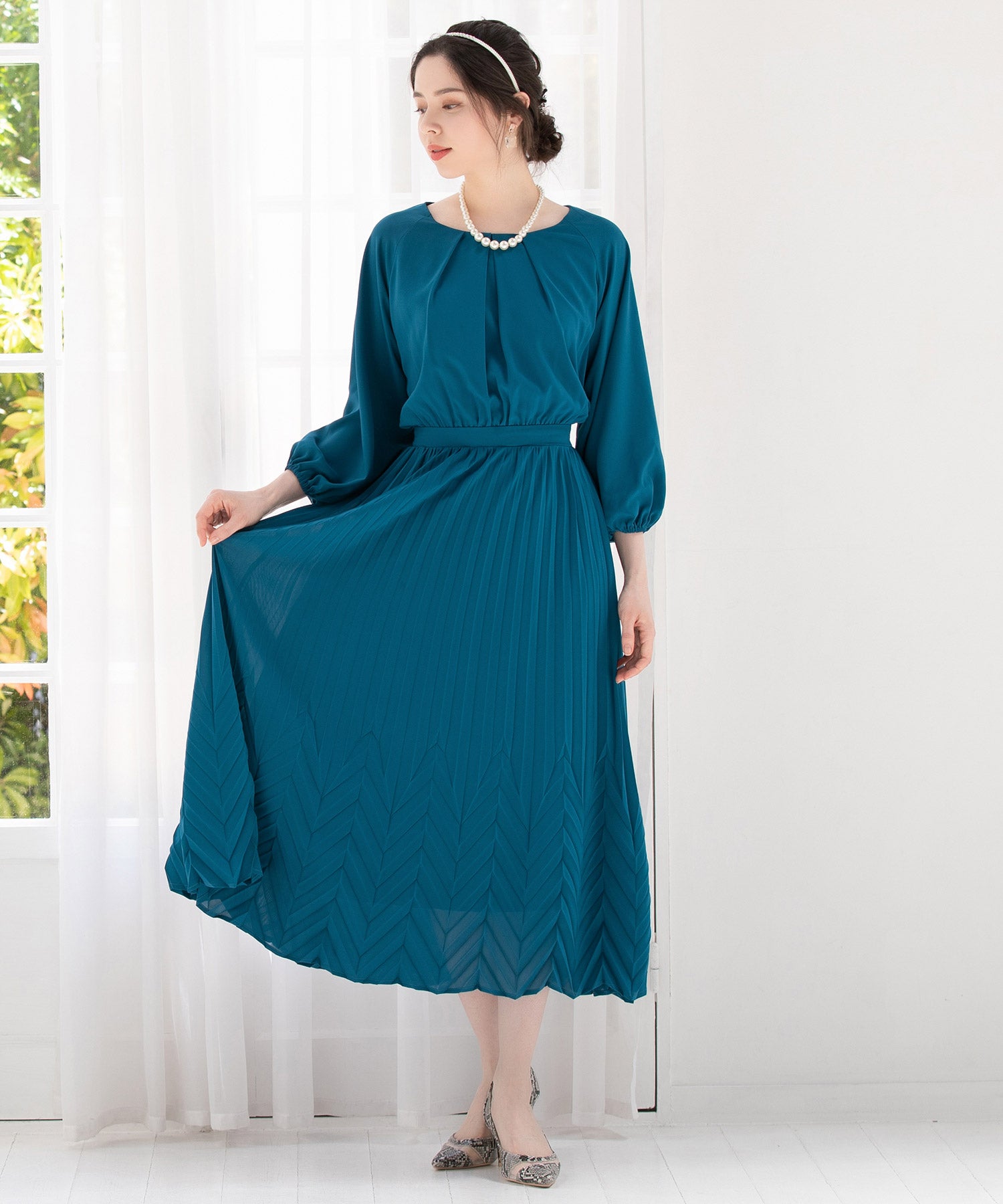 ワンピース Aライン プリーツ ミモレ丈 結婚式 パーティードレスdsj0065-105-33