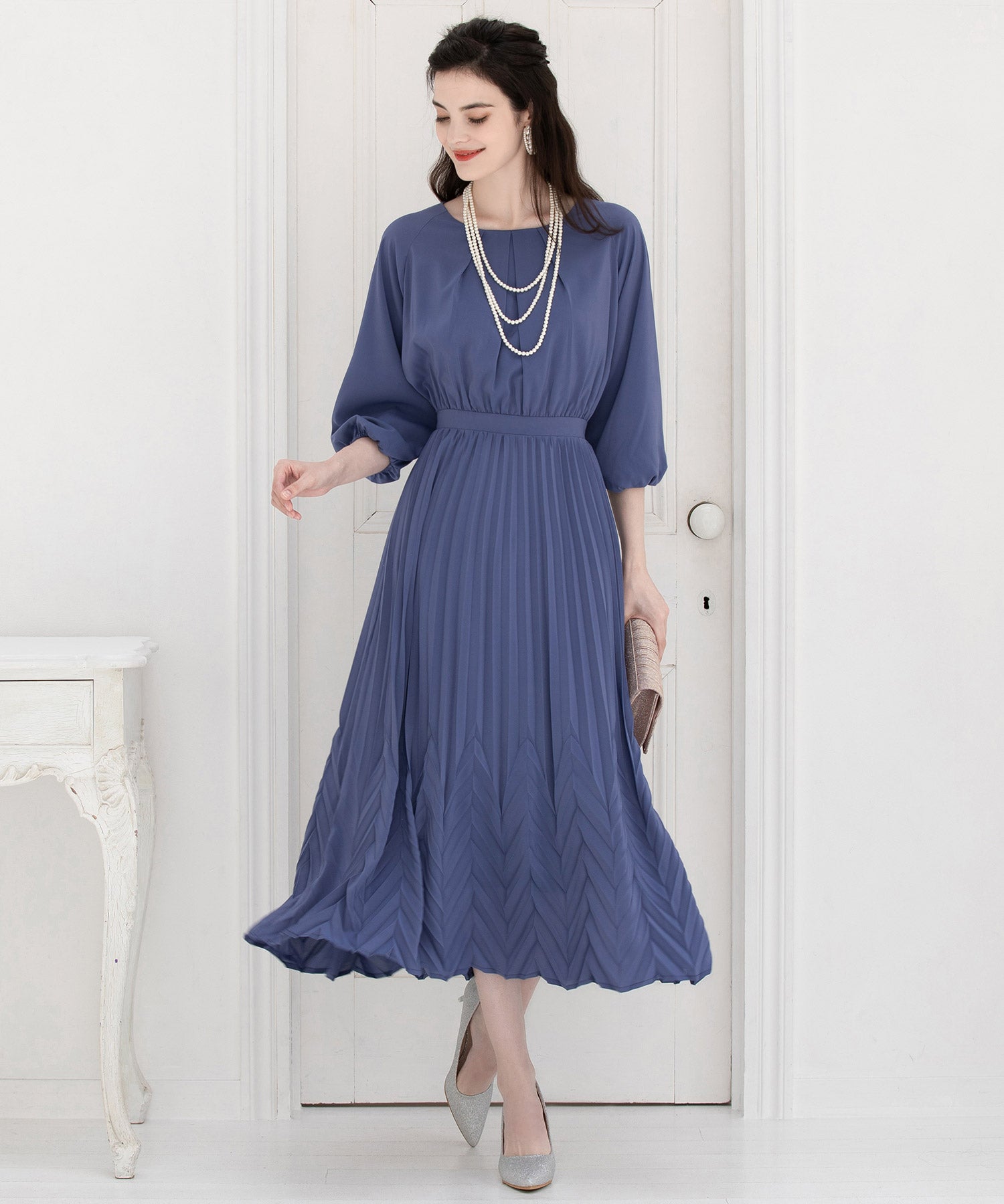 ワンピース Aライン プリーツ ミモレ丈 結婚式 パーティードレスdsj0065-105-435