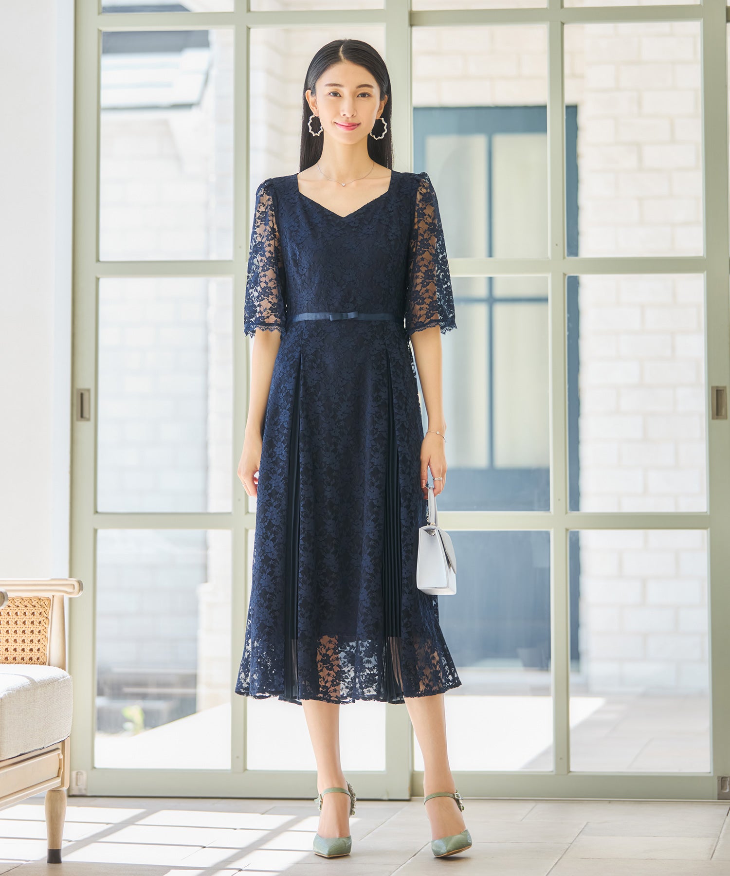 ワンピース ドレス レースミモレ丈 総レース 結婚式dsj0125