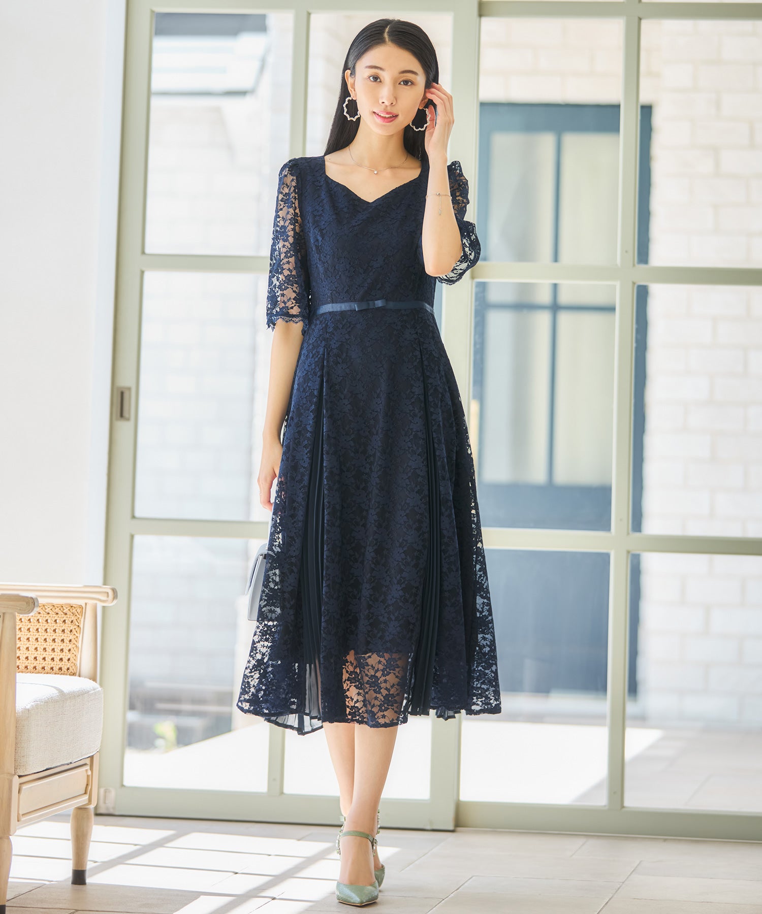 ワンピース ドレス レースミモレ丈 総レース 結婚式dsj0125