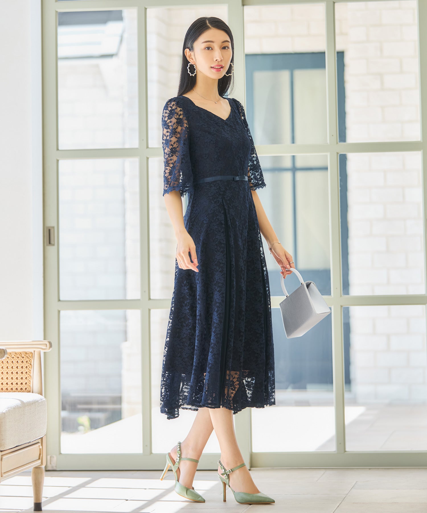 ワンピース ドレス レースミモレ丈 総レース 結婚式dsj0125