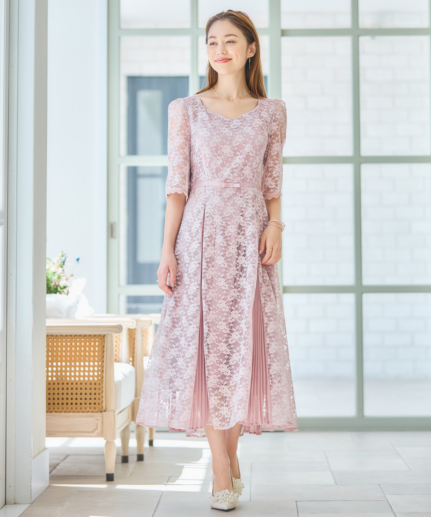 ワンピース ドレス レースミモレ丈 総レース 結婚式dsj0125