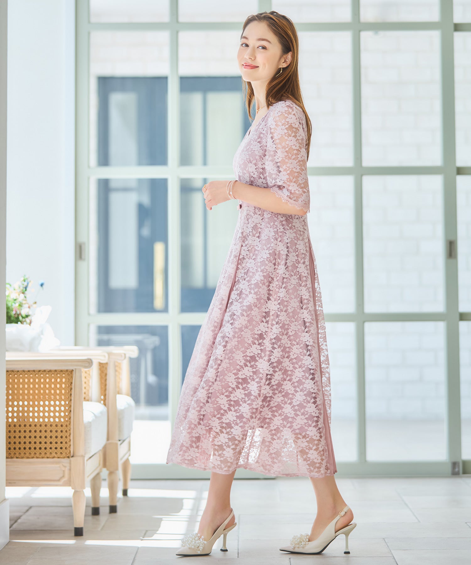 ワンピース ドレス レースミモレ丈 総レース 結婚式dsj0125