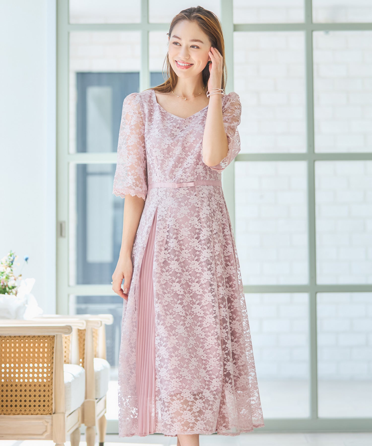 ワンピース ドレス レースミモレ丈 総レース 結婚式dsj0125