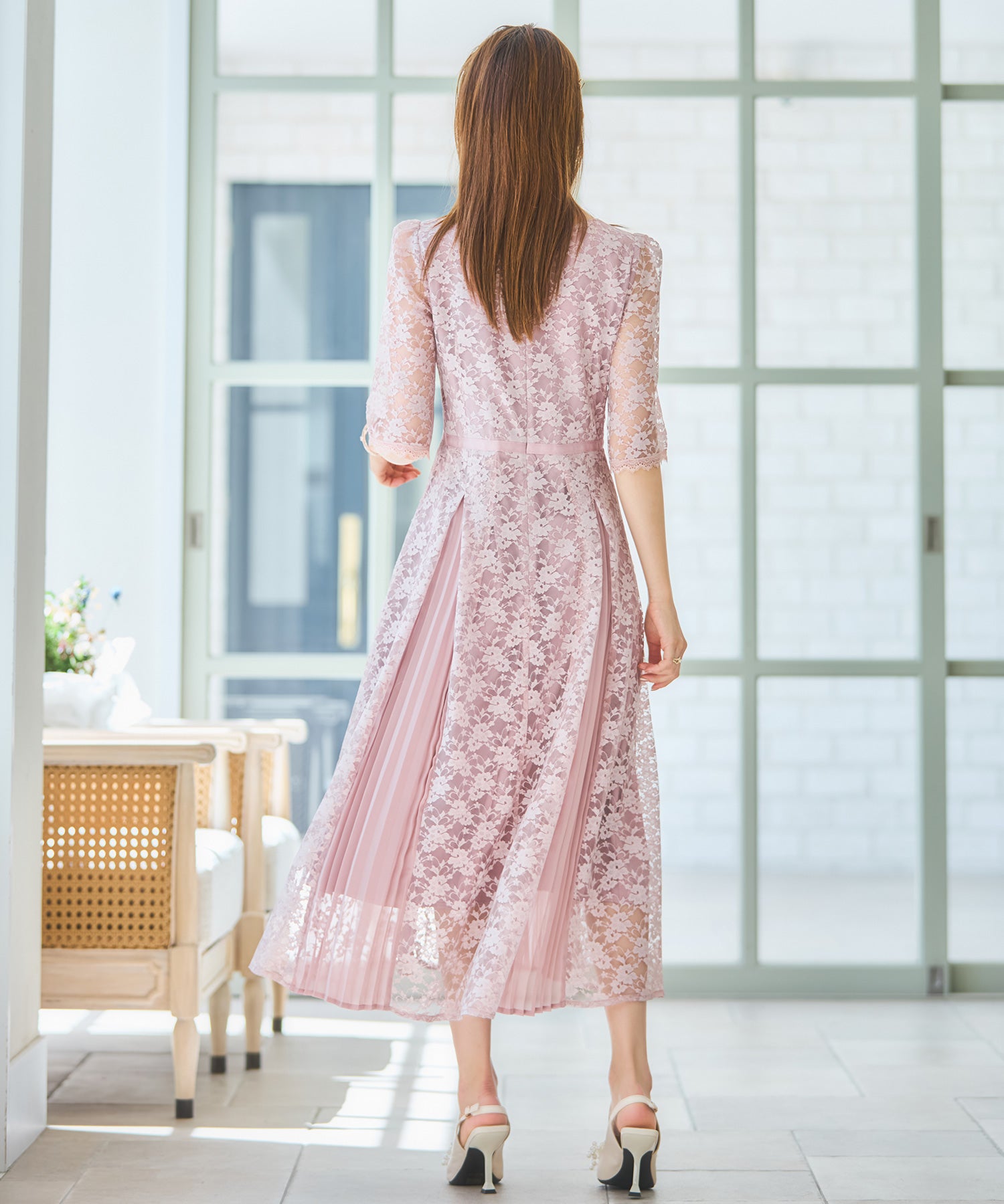 ワンピース ドレス レースミモレ丈 総レース 結婚式dsj0125