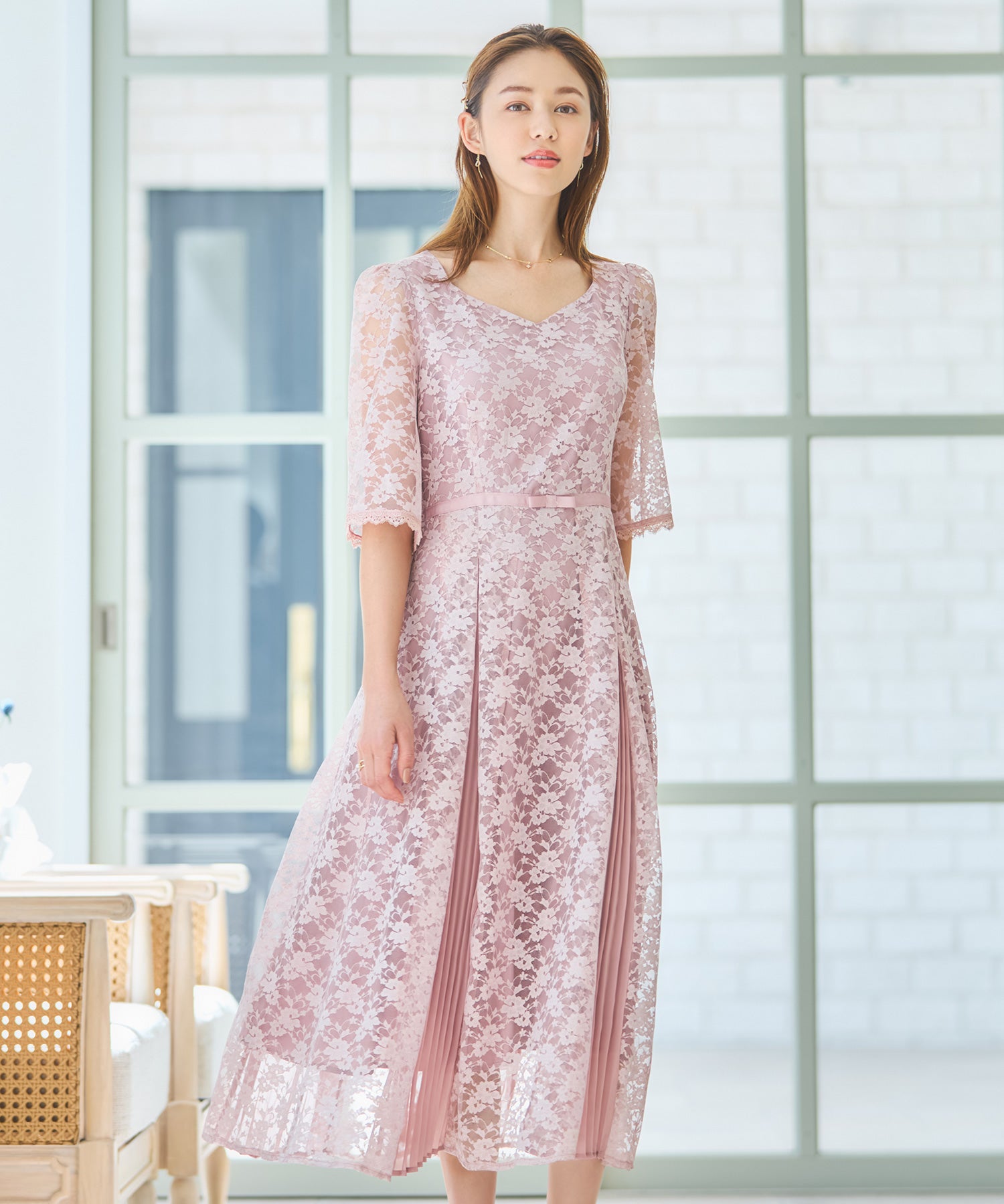 ワンピース ドレス レースミモレ丈 総レース 結婚式dsj0125-102-26