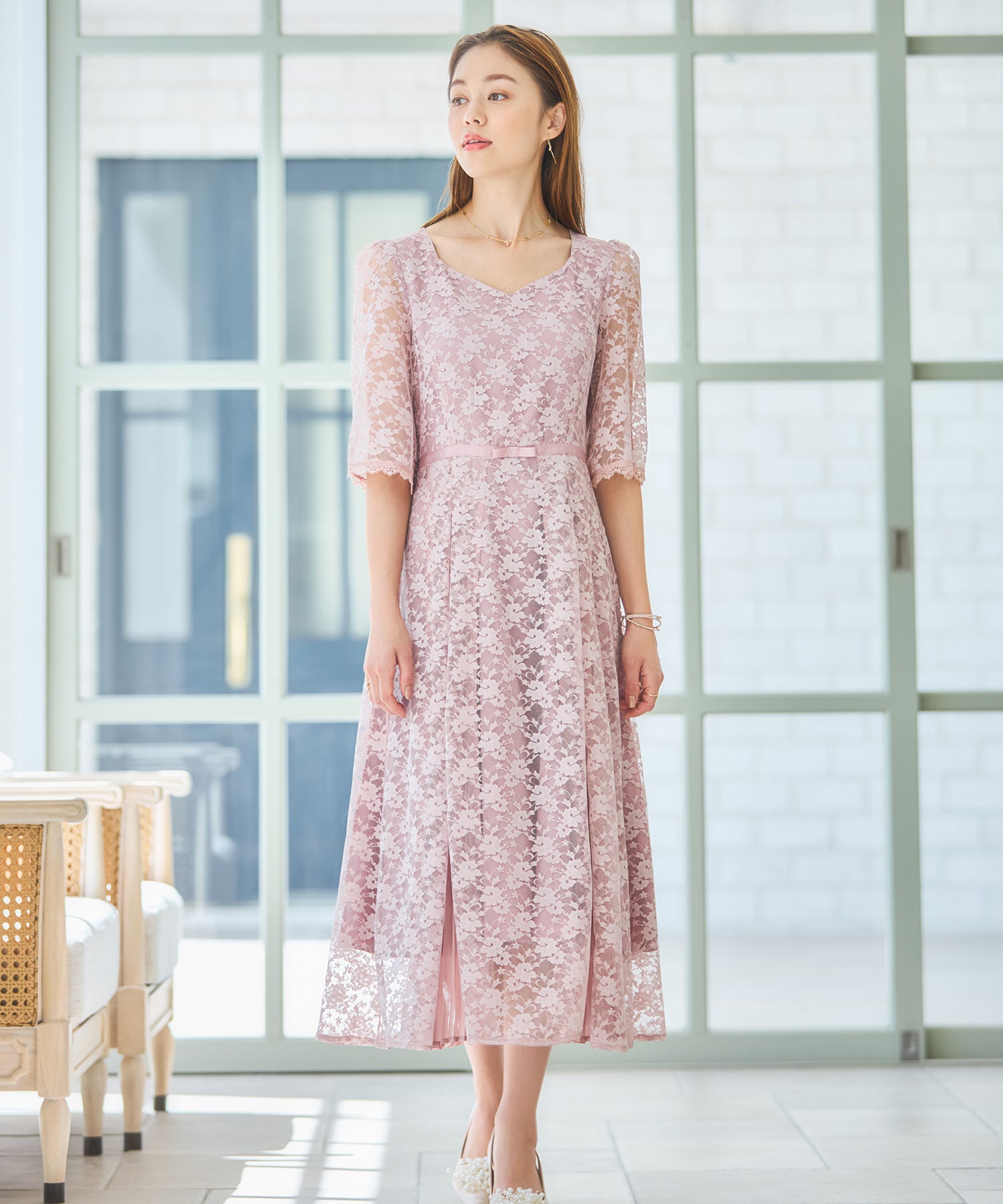 ワンピース ドレス レースミモレ丈 総レース 結婚式dsj0125