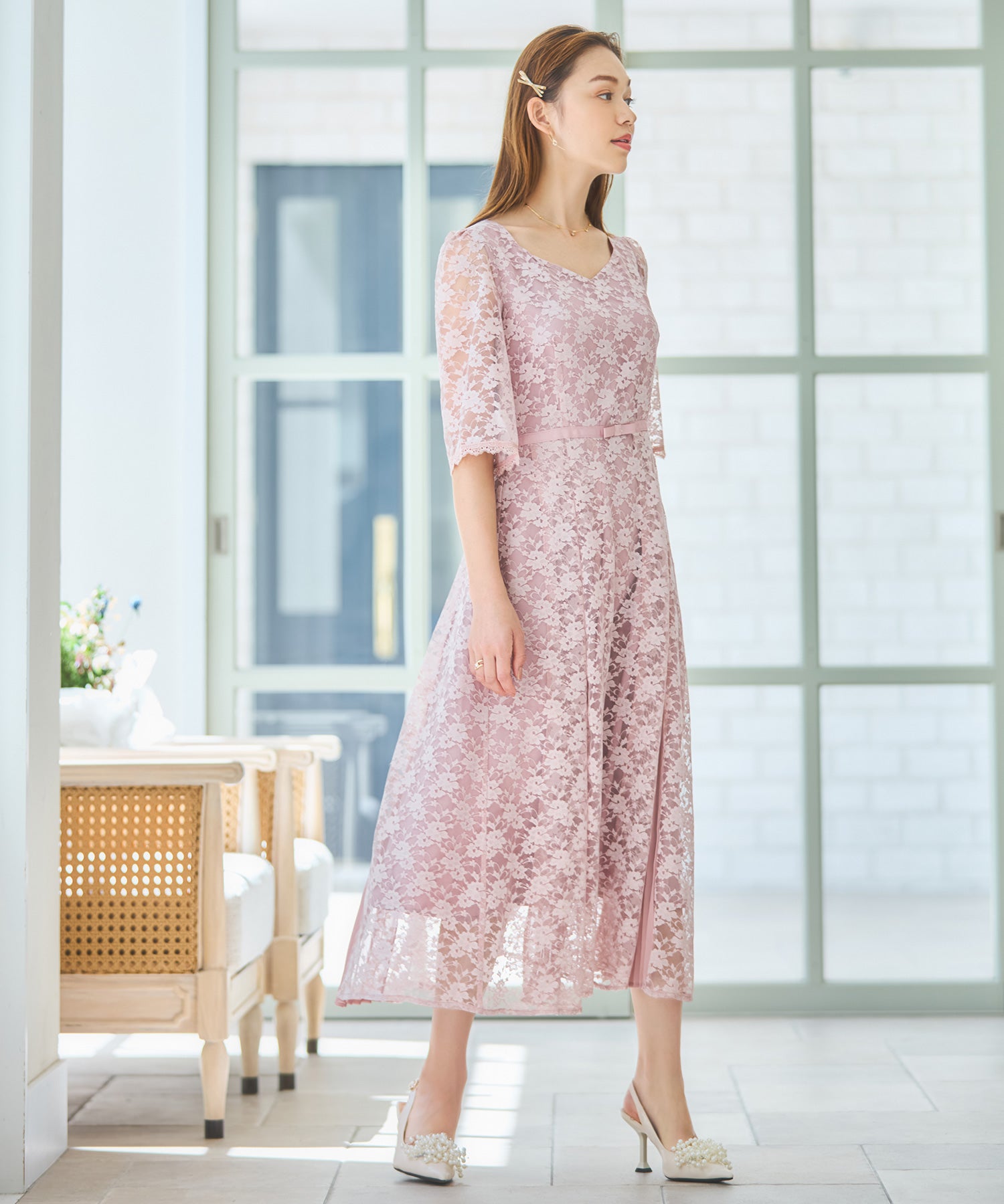 ワンピース ドレス レースミモレ丈 総レース 結婚式dsj0125