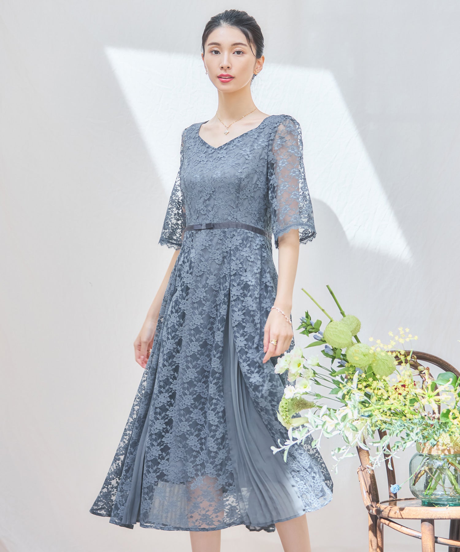 ワンピース ドレス レースミモレ丈 総レース 結婚式dsj0125-102-365