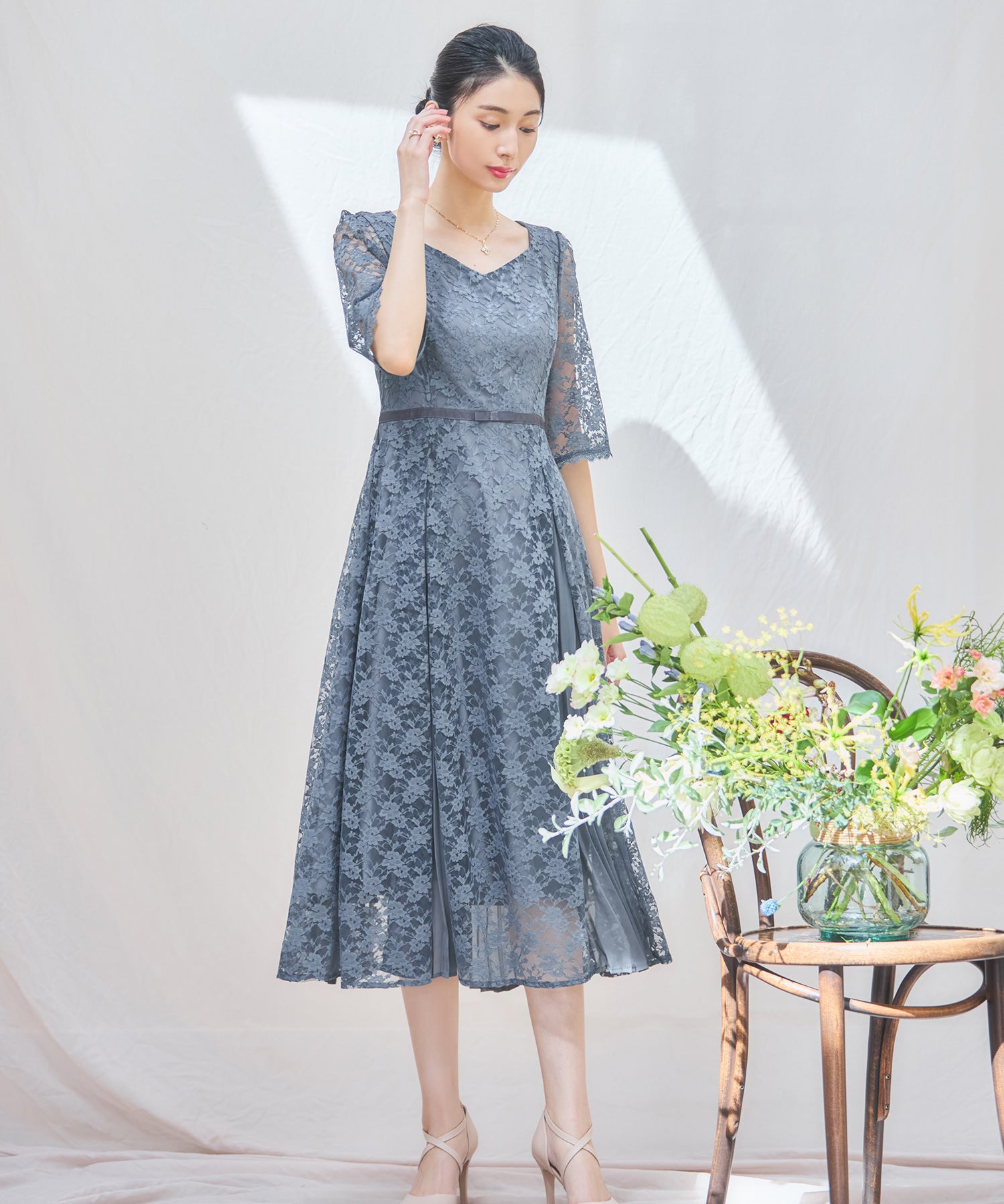 ワンピース ドレス レースミモレ丈 総レース 結婚式dsj0125