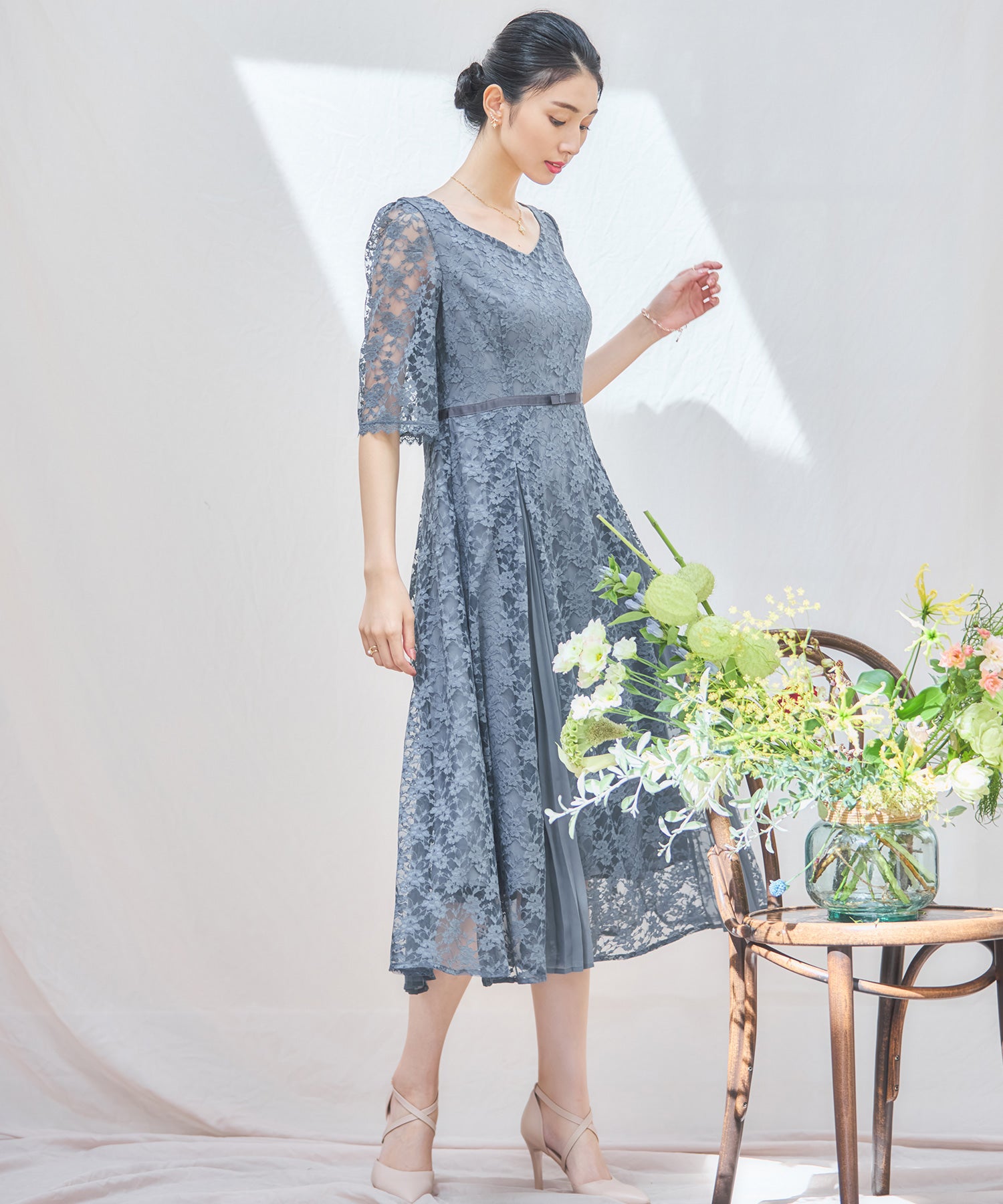 ワンピース ドレス レースミモレ丈 総レース 結婚式dsj0125