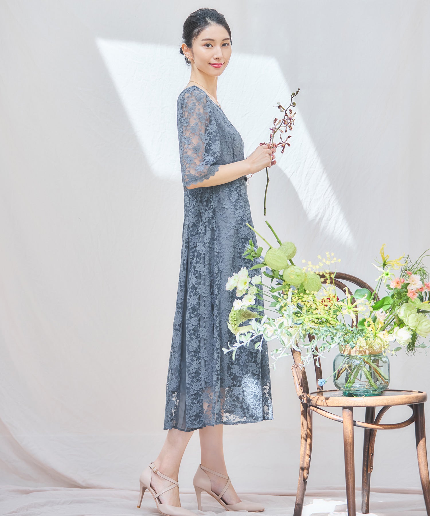 ワンピース ドレス レースミモレ丈 総レース 結婚式dsj0125