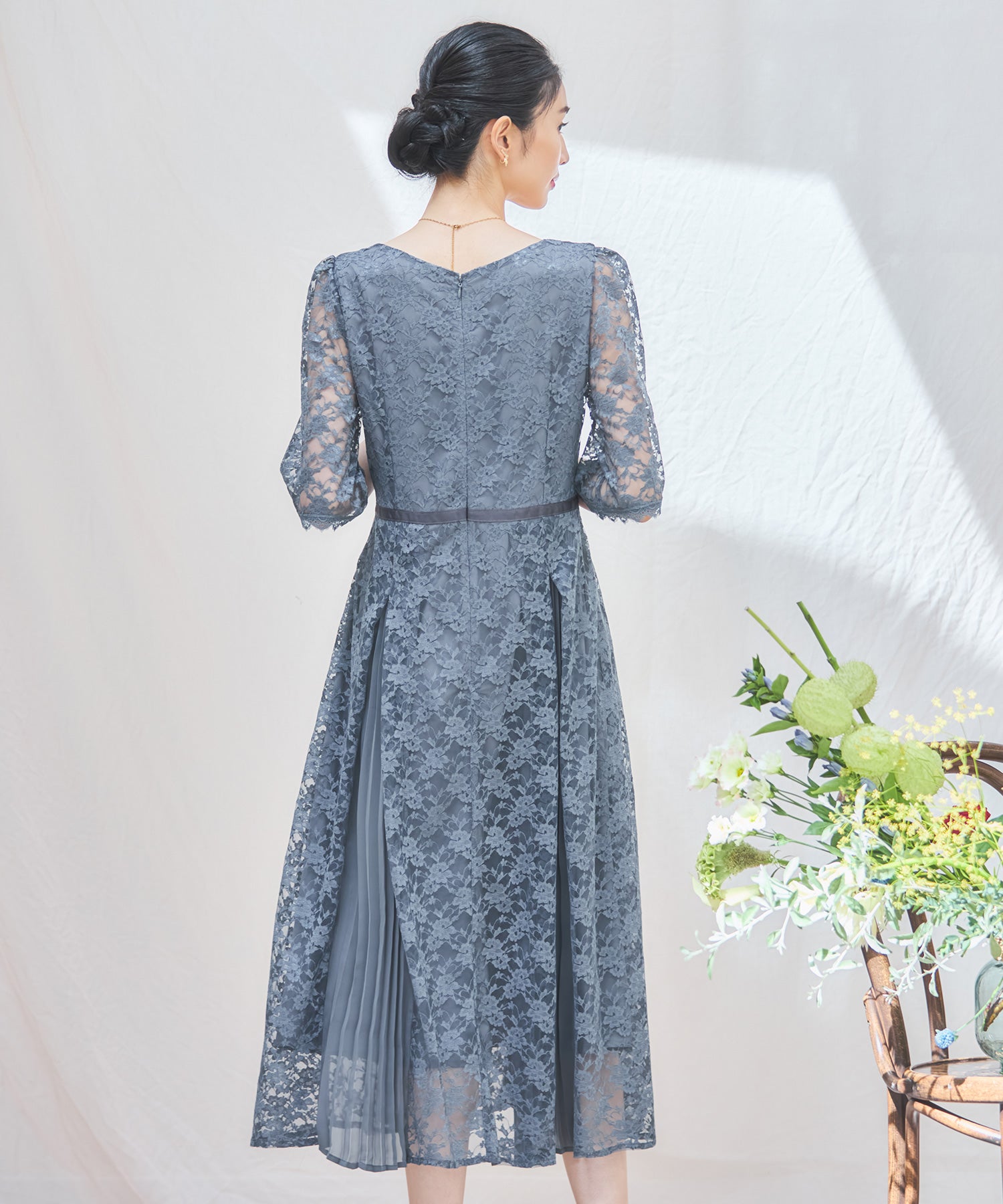 ワンピース ドレス レースミモレ丈 総レース 結婚式dsj0125