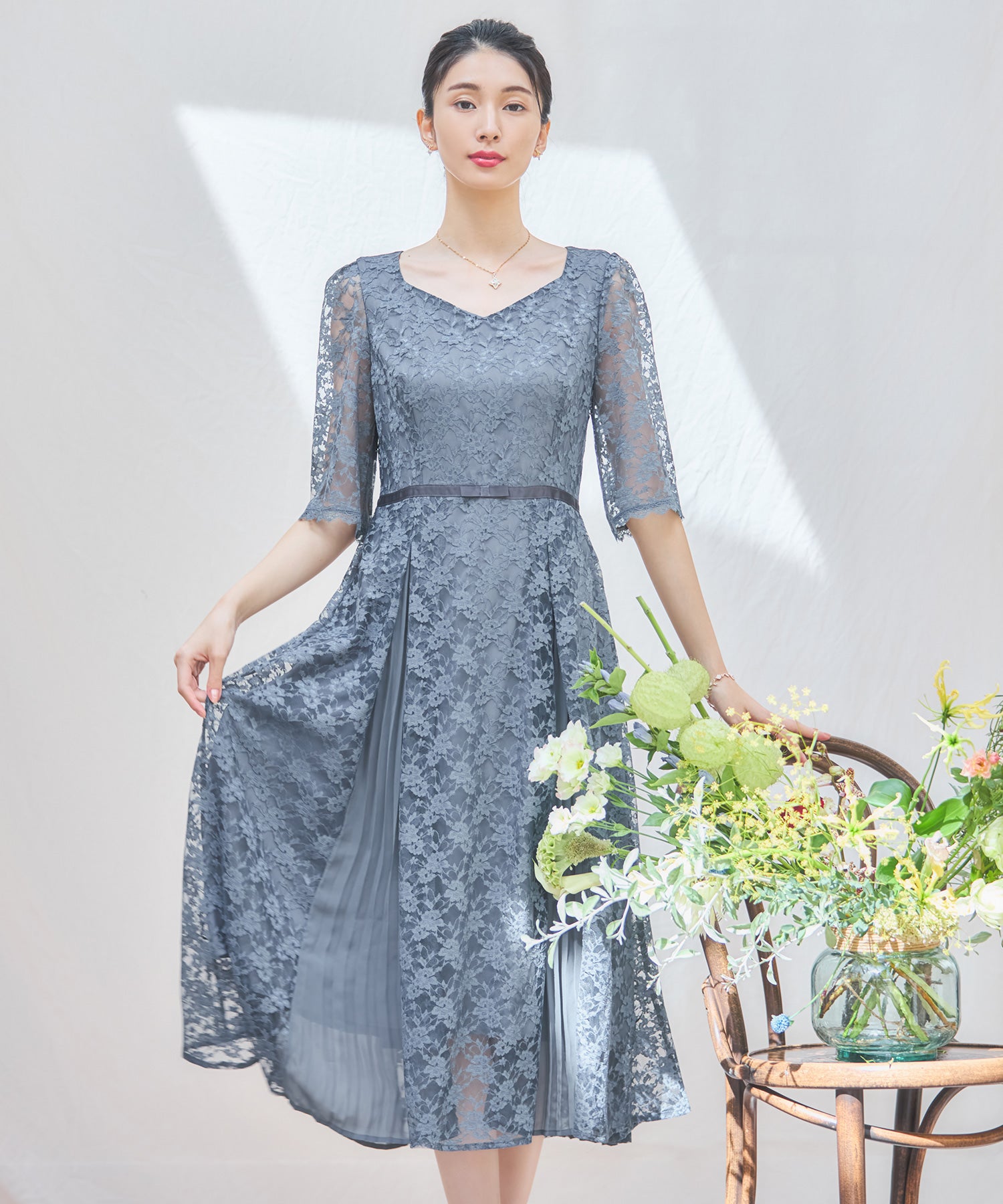 ワンピース ドレス レースミモレ丈 総レース 結婚式dsj0125