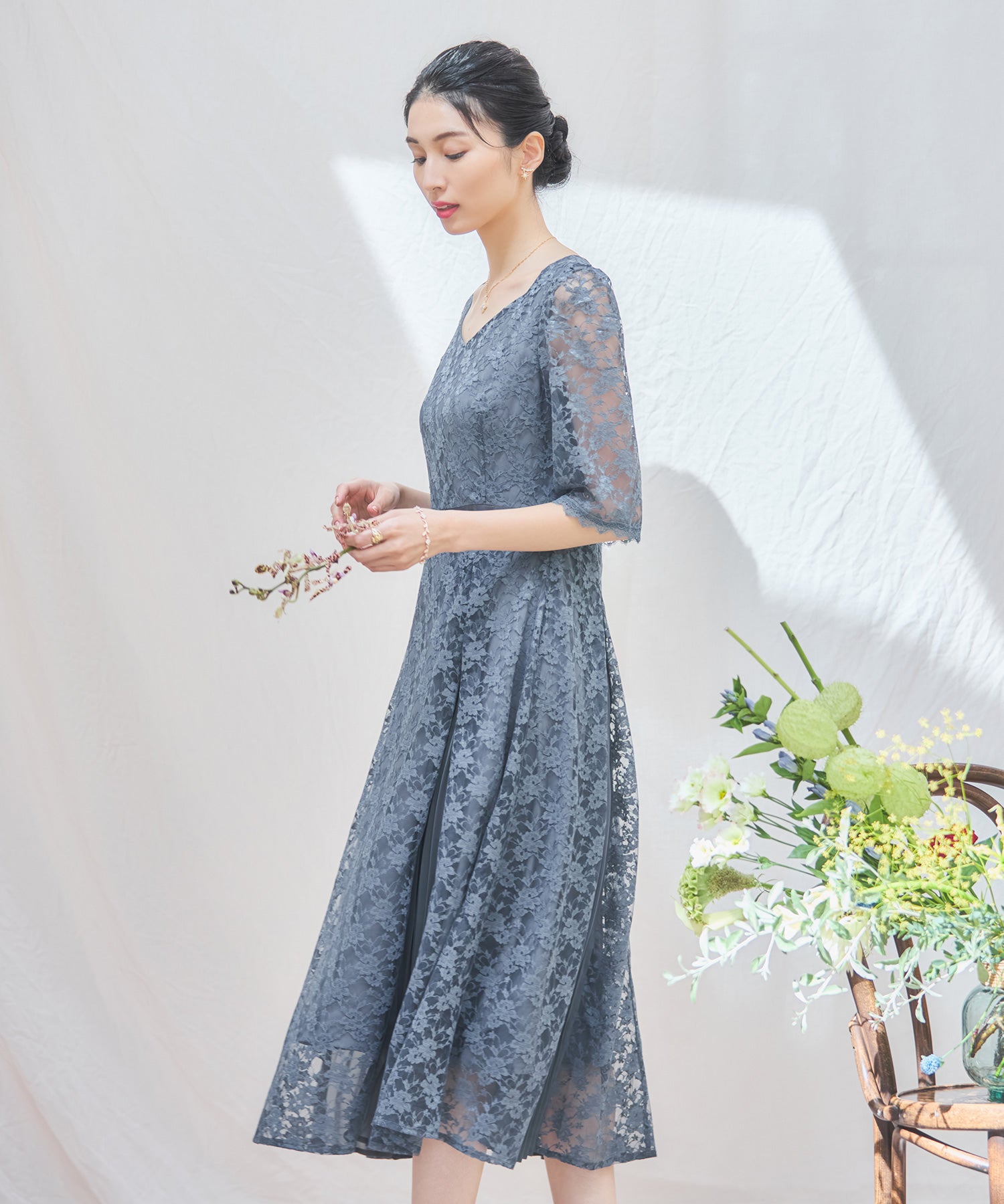 ワンピース ドレス レースミモレ丈 総レース 結婚式dsj0125
