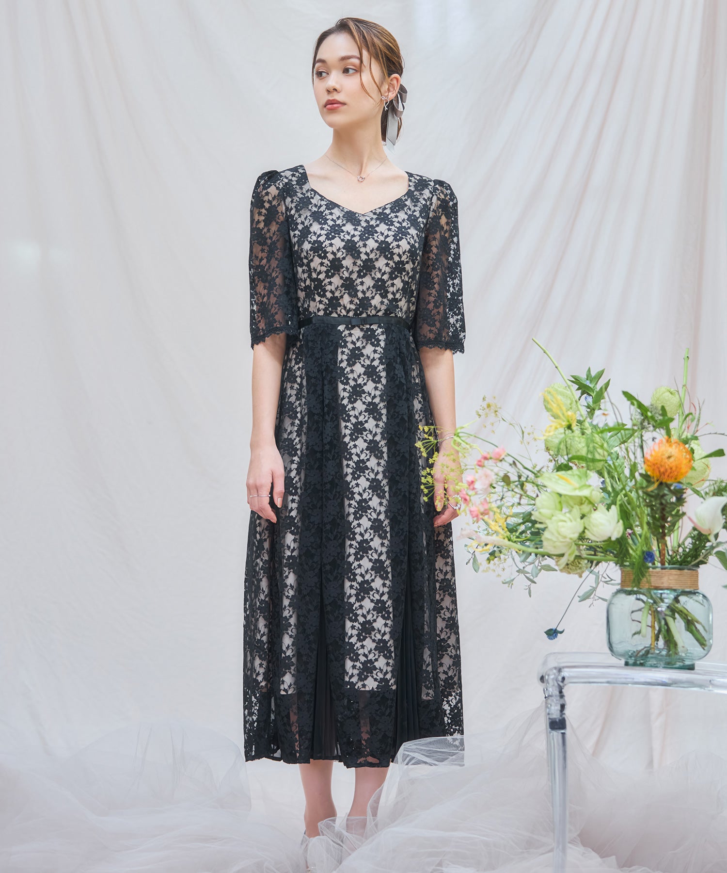 ワンピース ドレス レースミモレ丈 総レース 結婚式dsj0125