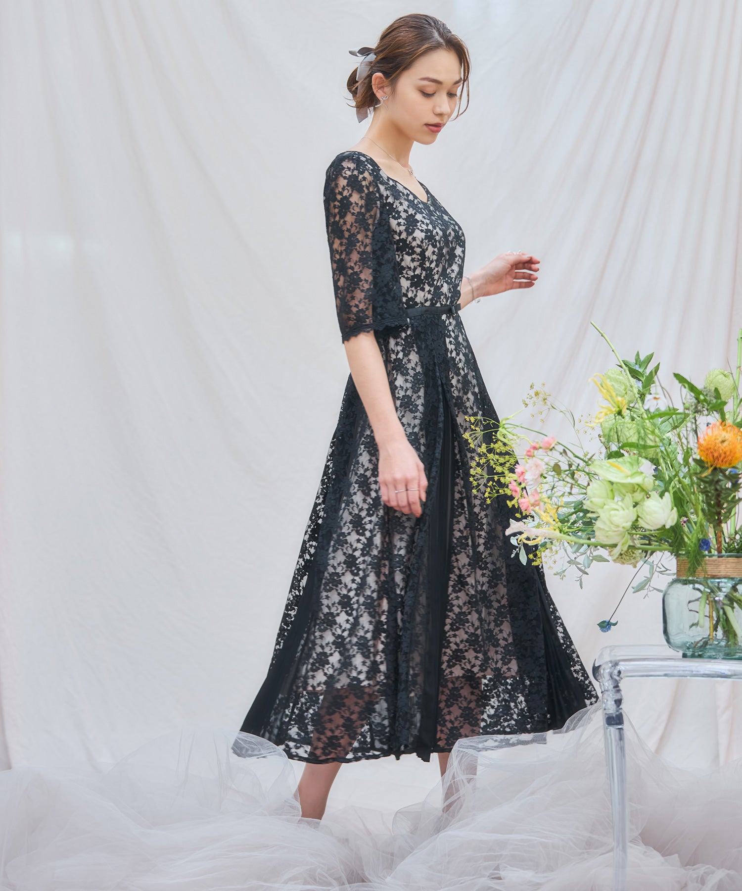 ワンピース ドレス レースミモレ丈 総レース 結婚式dsj0125