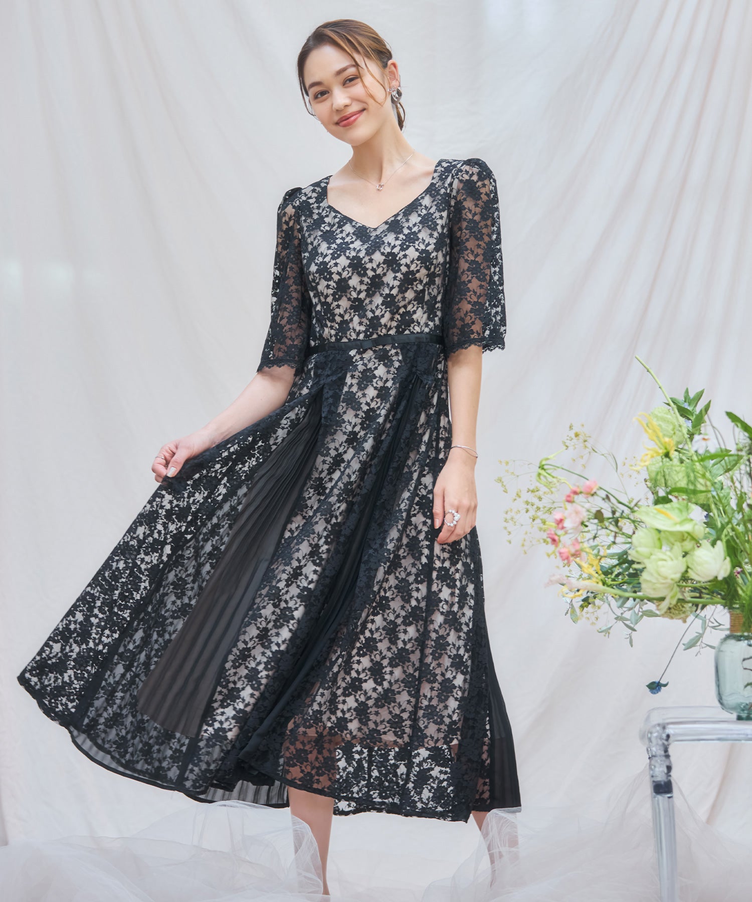 ワンピース ドレス レースミモレ丈 総レース 結婚式dsj0125