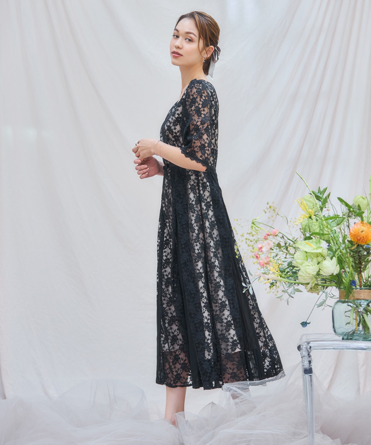 ワンピース ドレス レースミモレ丈 総レース 結婚式dsj0125