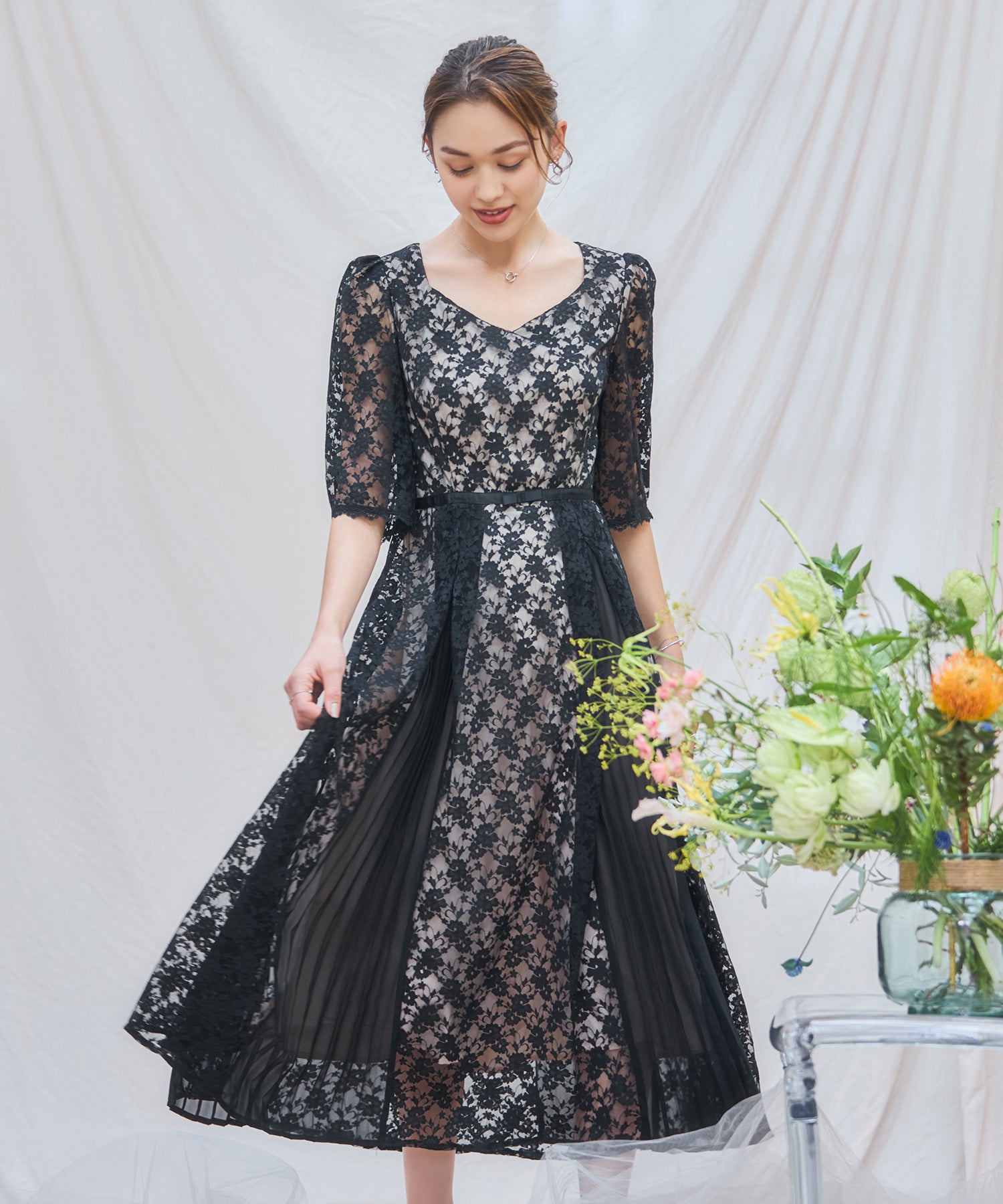 ワンピース ドレス レースミモレ丈 総レース 結婚式dsj0125