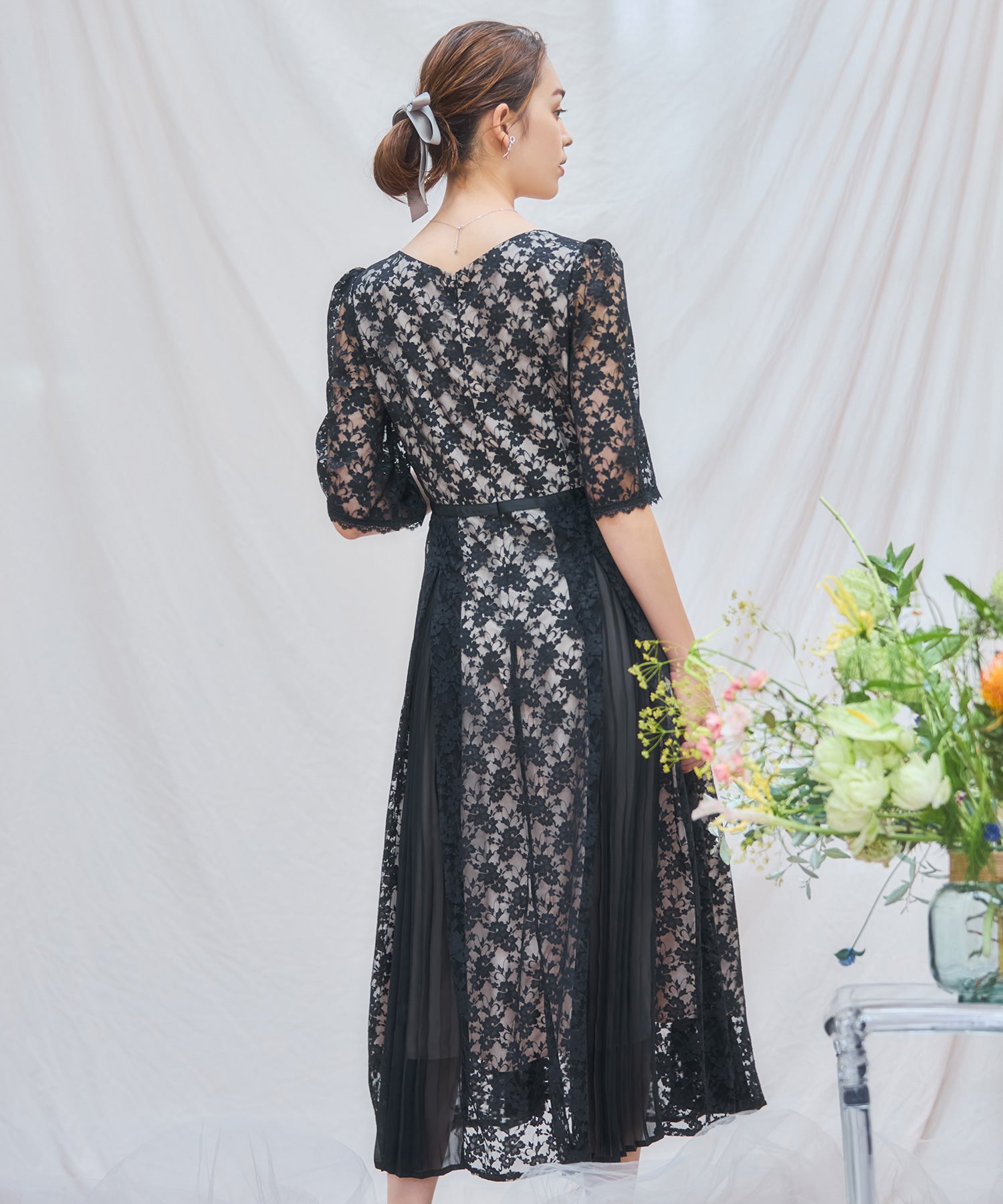 ワンピース ドレス レースミモレ丈 総レース 結婚式dsj0125