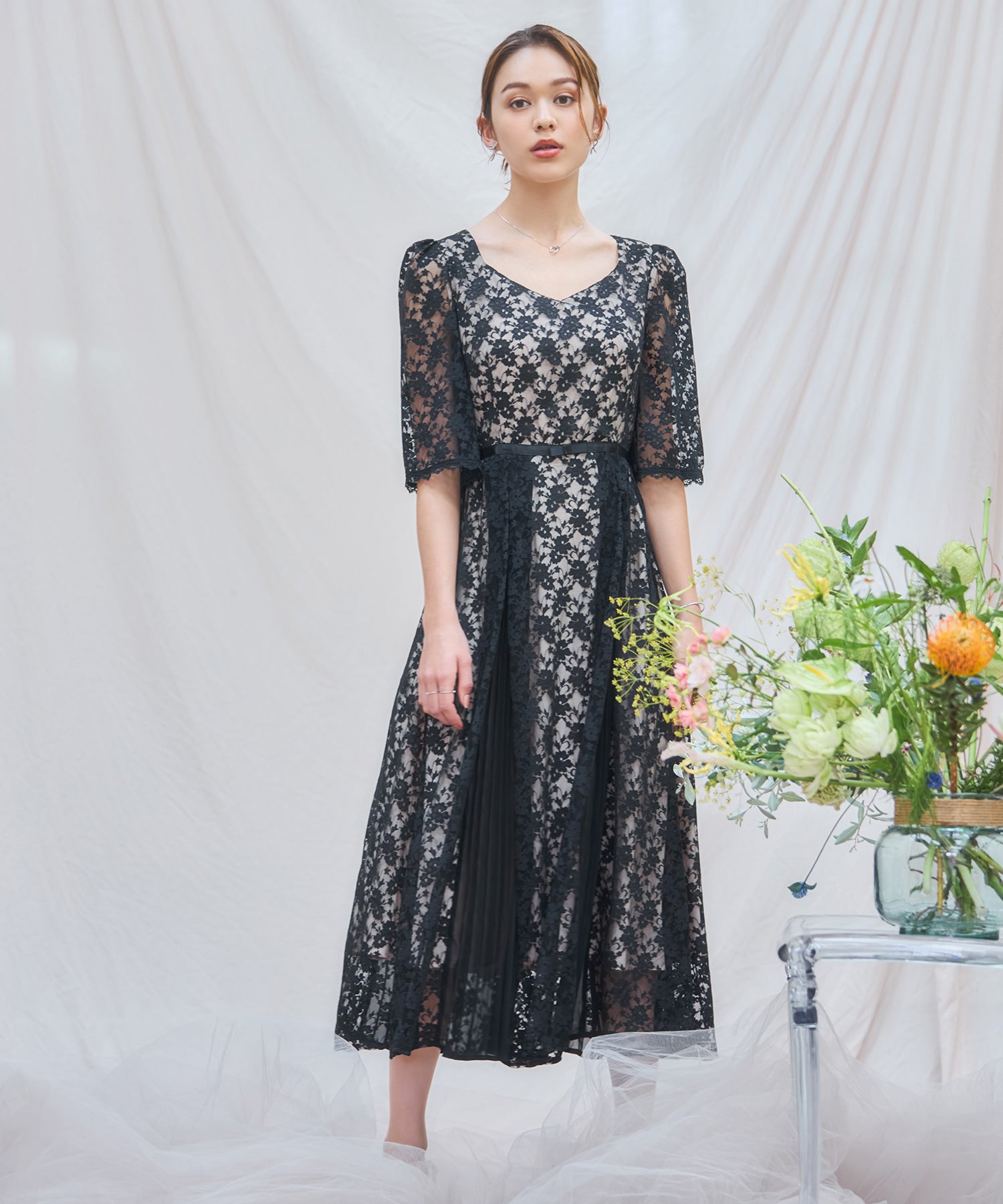 ワンピース ドレス レースミモレ丈 総レース 結婚式dsj0125