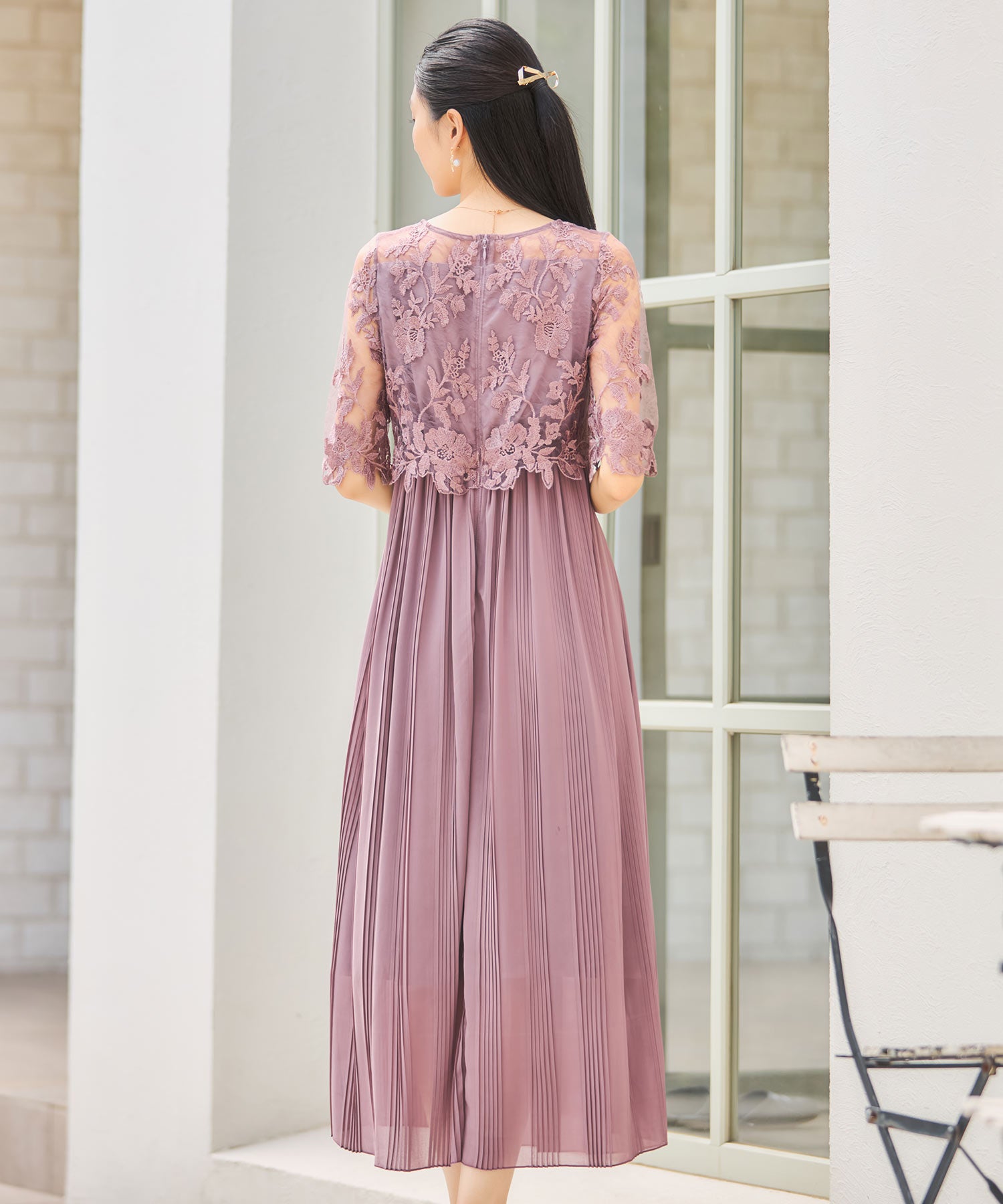 ワンピース ドレス レース プリーツ 結婚式 レース袖dsm0116