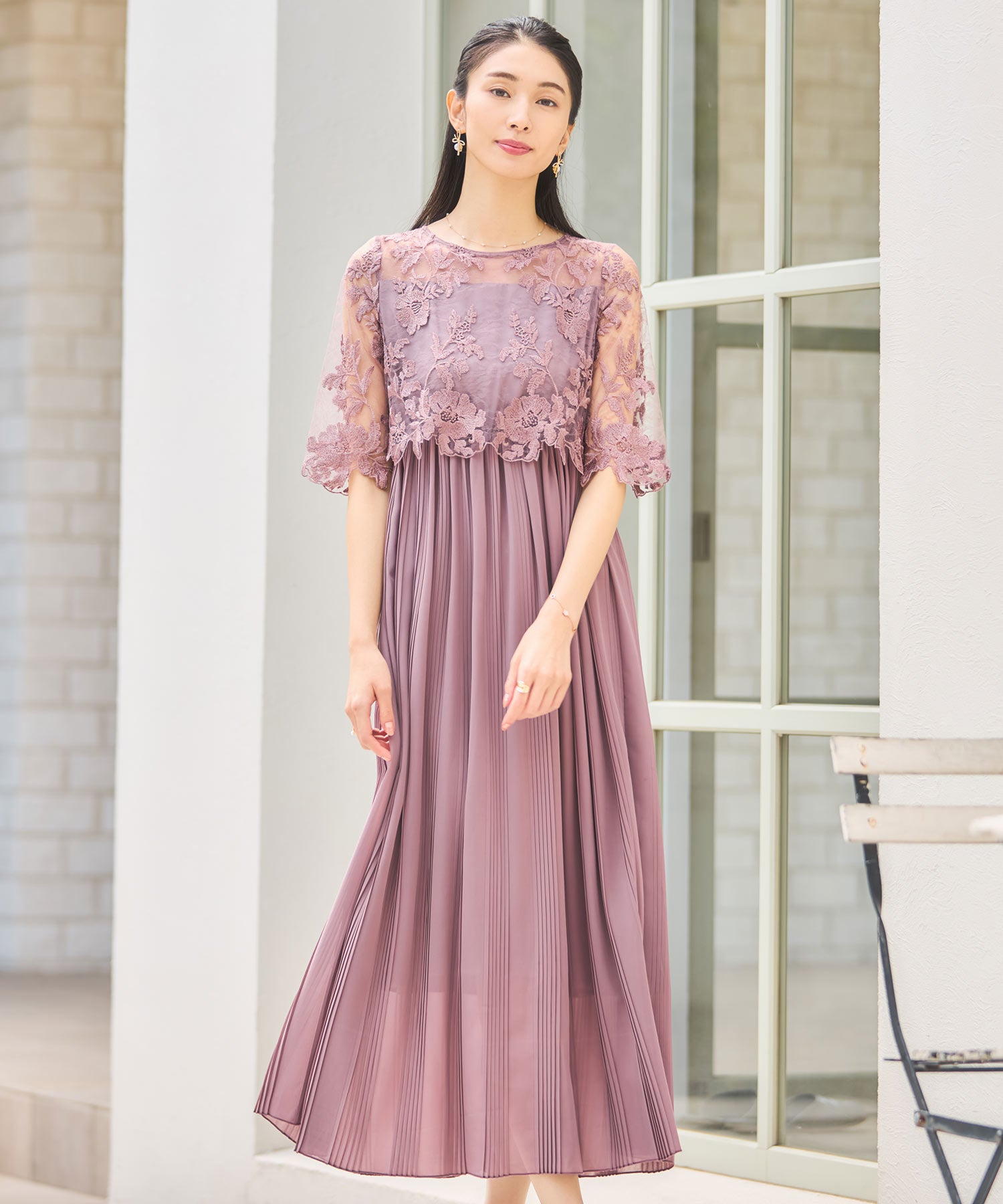 ワンピース ドレス レース プリーツ 結婚式 レース袖dsm0116-102-100