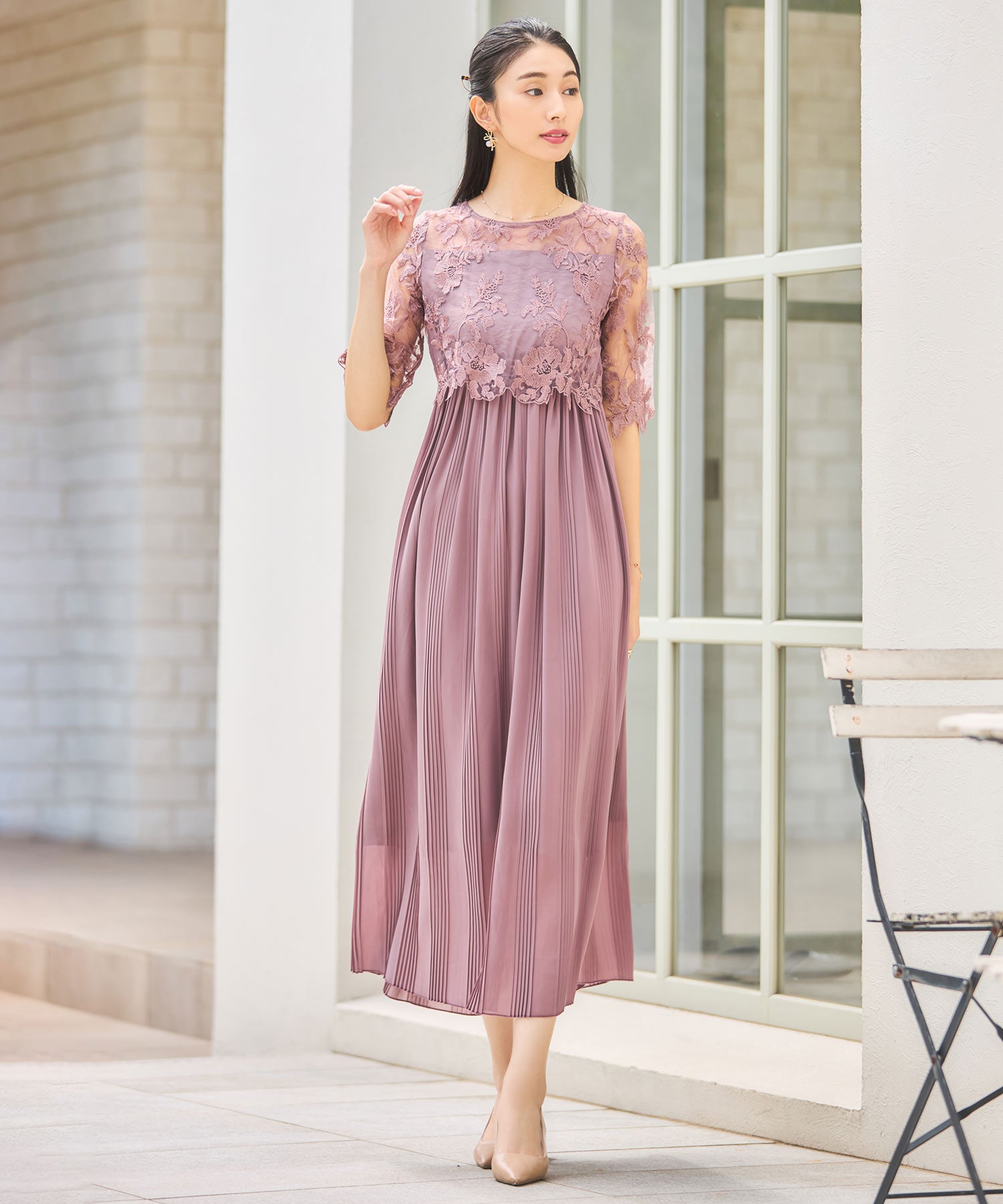 ワンピース ドレス レース プリーツ 結婚式 レース袖dsm0116