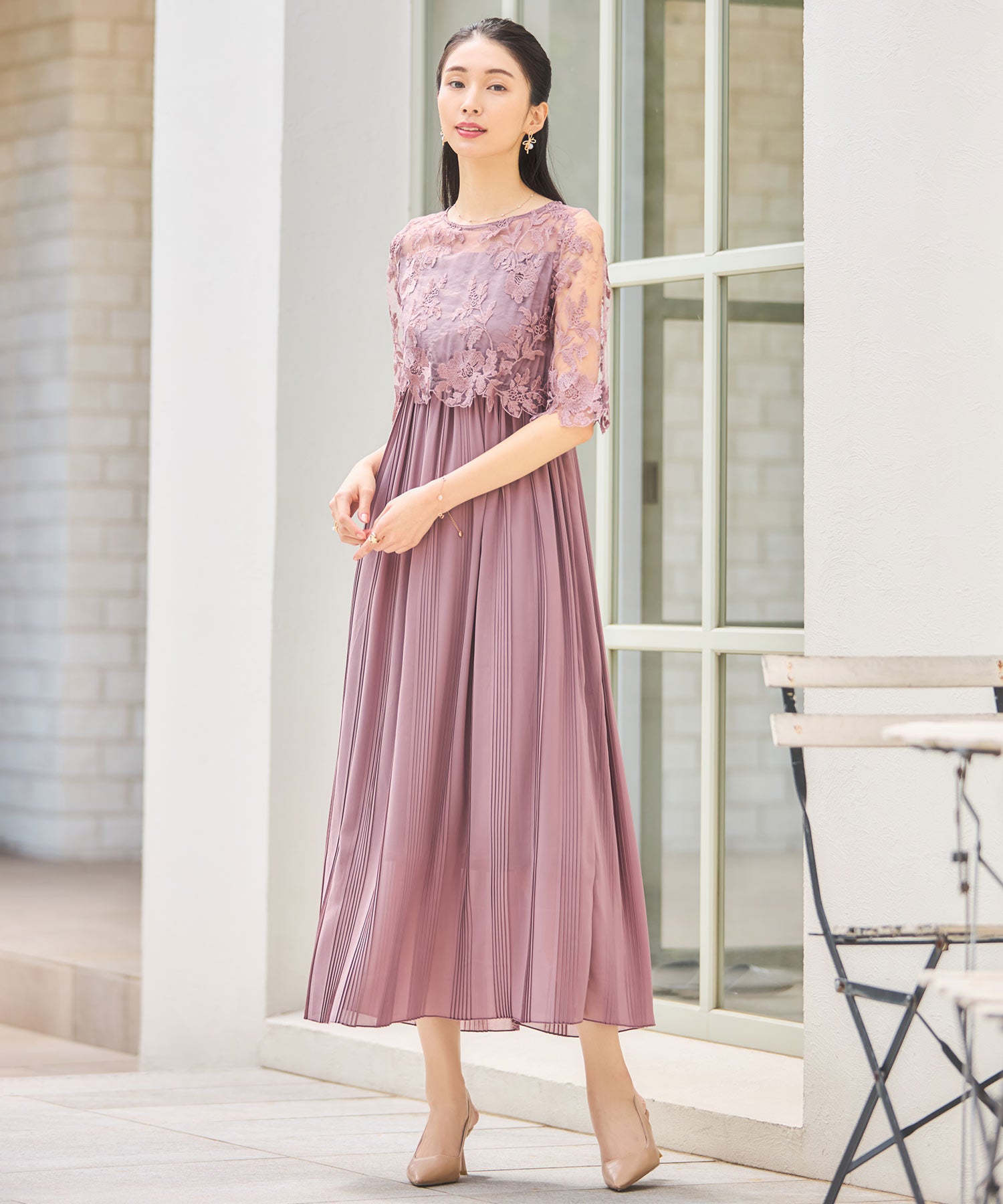 ワンピース ドレス レース プリーツ 結婚式 レース袖dsm0116