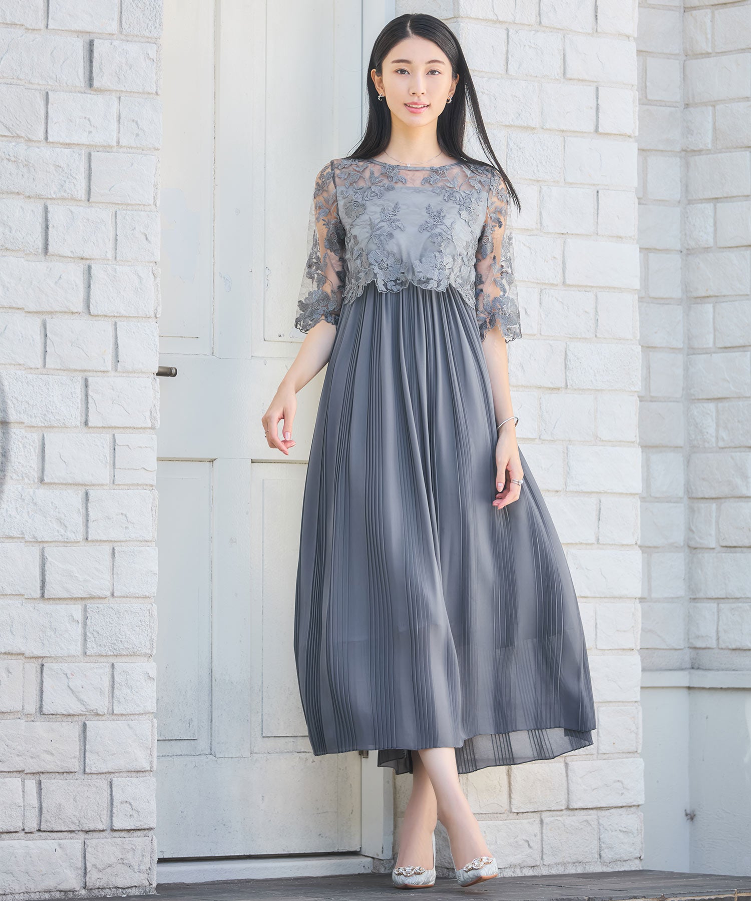 ワンピース ドレス レース プリーツ 結婚式 レース袖dsm0116
