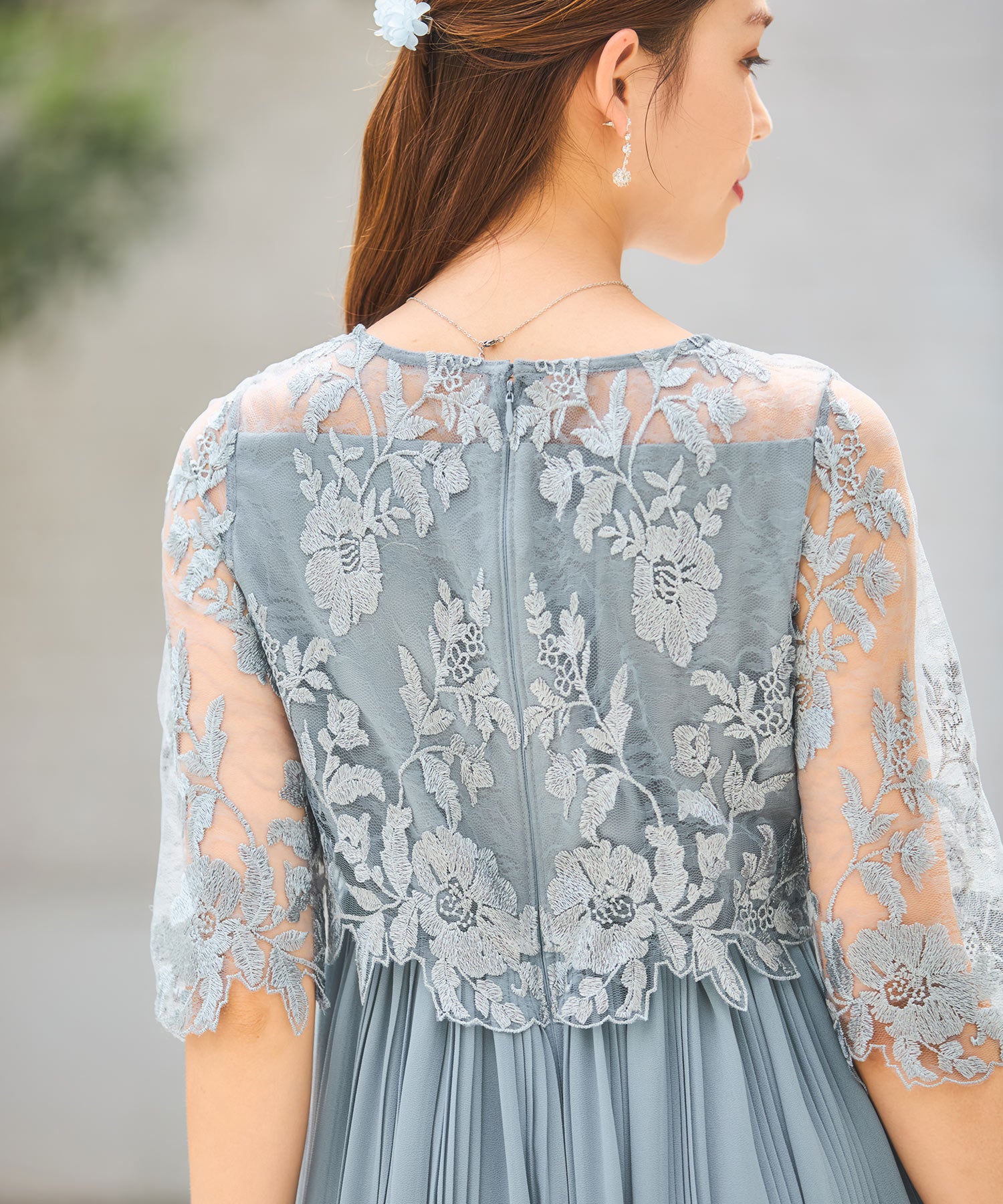 ワンピース ドレス レース プリーツ 結婚式 レース袖dsm0116