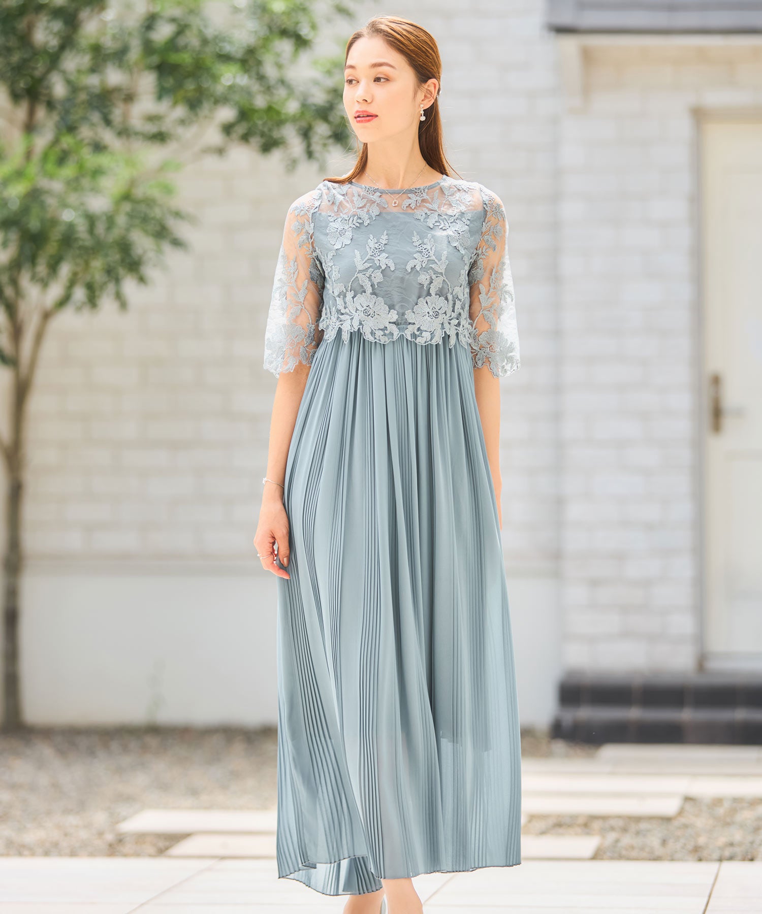 ワンピース ドレス レース プリーツ 結婚式 レース袖dsm0116-102-72