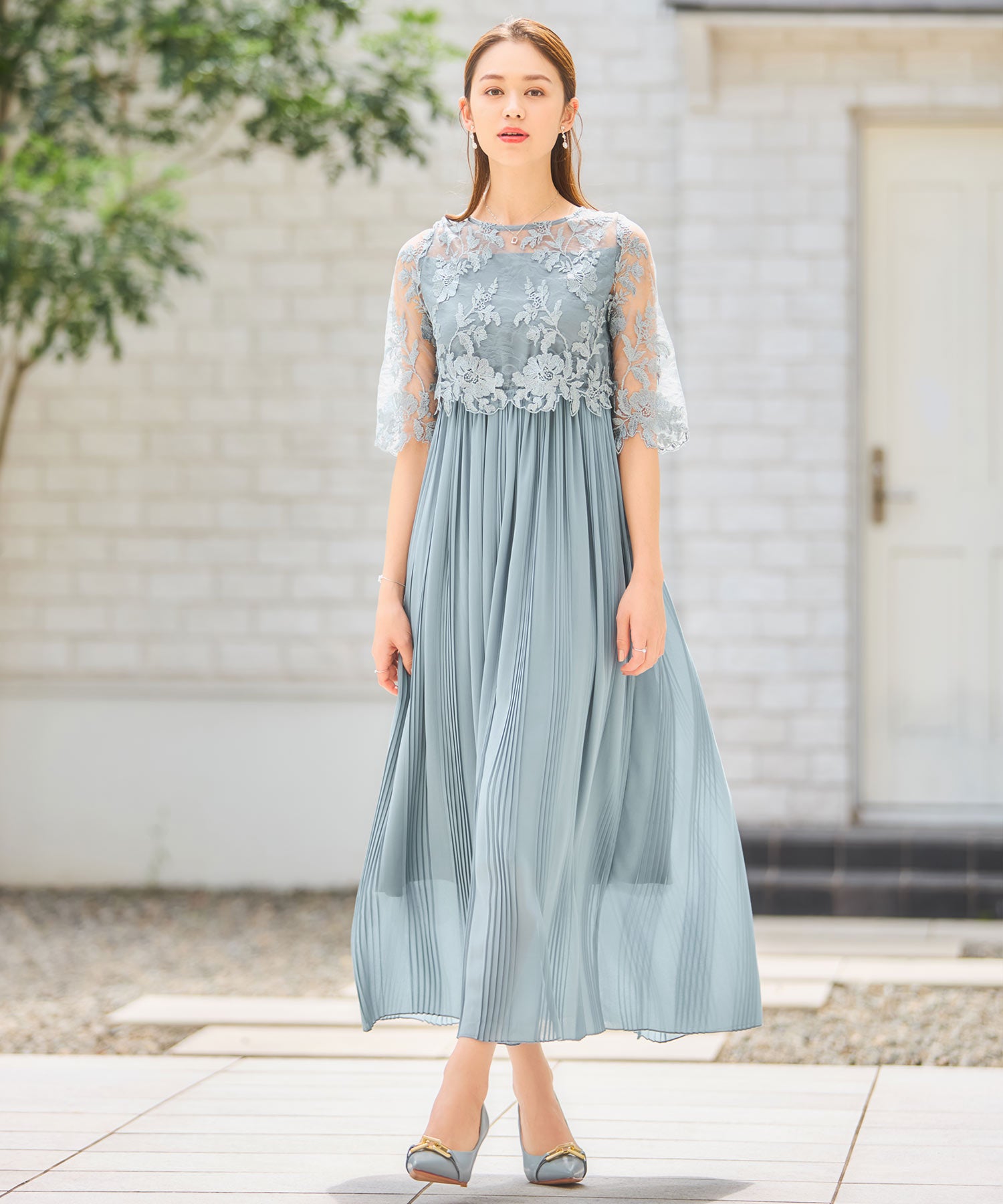 ワンピース ドレス レース プリーツ 結婚式 レース袖dsm0116