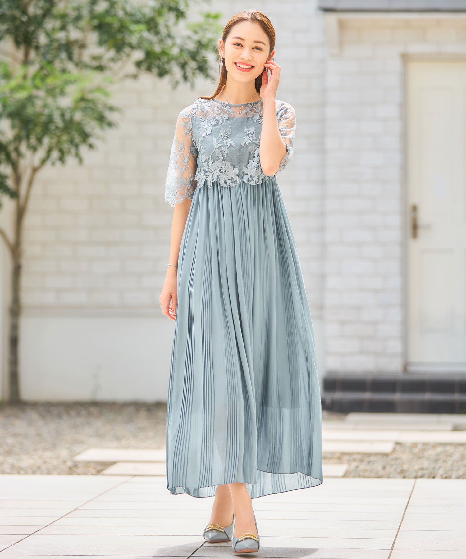 ワンピース ドレス レース プリーツ 結婚式 レース袖dsm0116