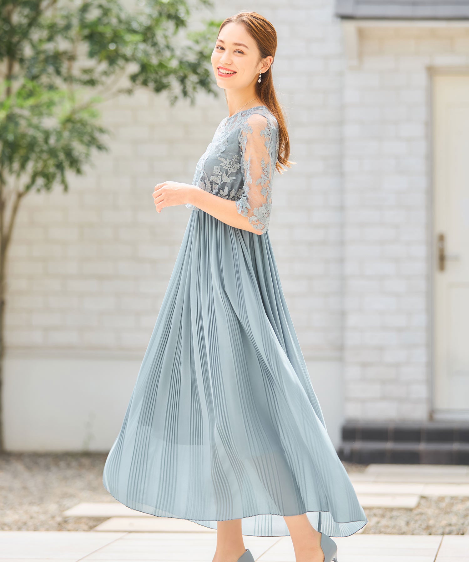 ワンピース ドレス レース プリーツ 結婚式 レース袖dsm0116