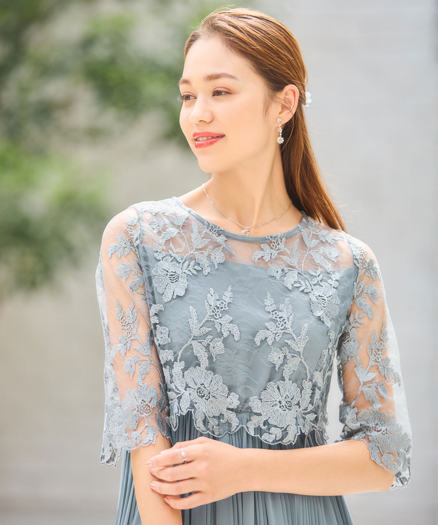 ワンピース ドレス レース プリーツ 結婚式 レース袖dsm0116