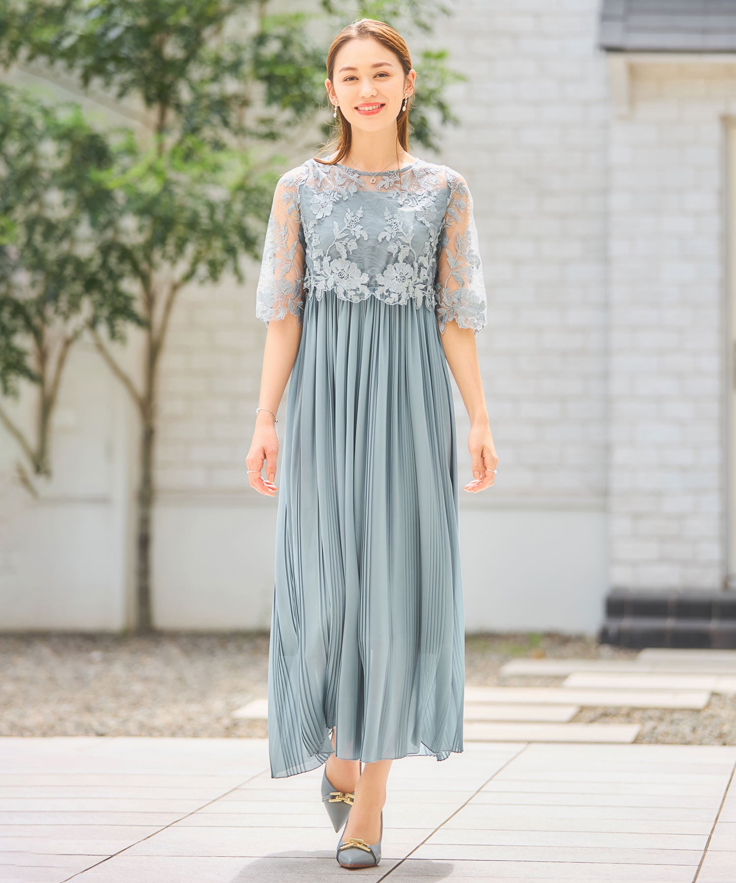 ワンピース ドレス レース プリーツ 結婚式 レース袖dsm0116