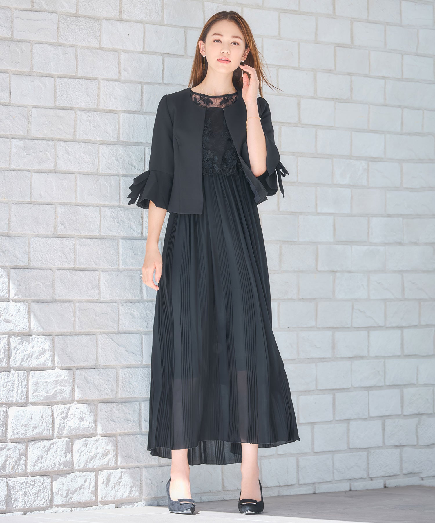 ワンピース ドレス レース プリーツ 結婚式 レース袖dsm0116