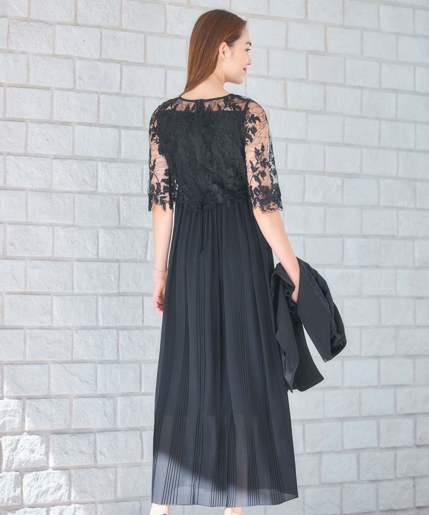 ワンピース ドレス レース プリーツ 結婚式 レース袖dsm0116