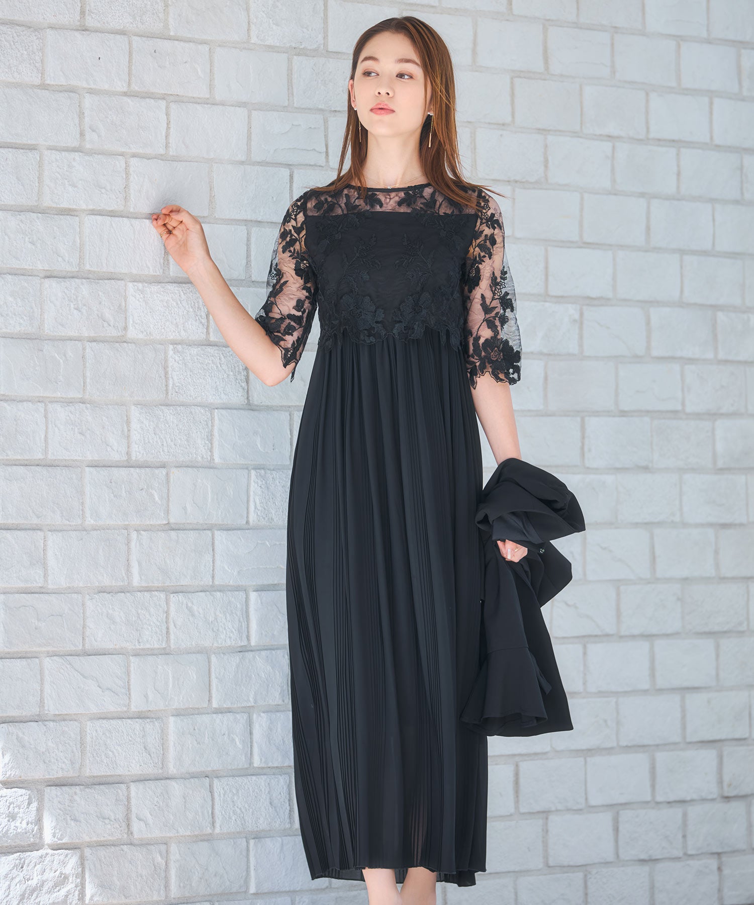 ワンピース ドレス レース プリーツ 結婚式 レース袖dsm0116-102-8