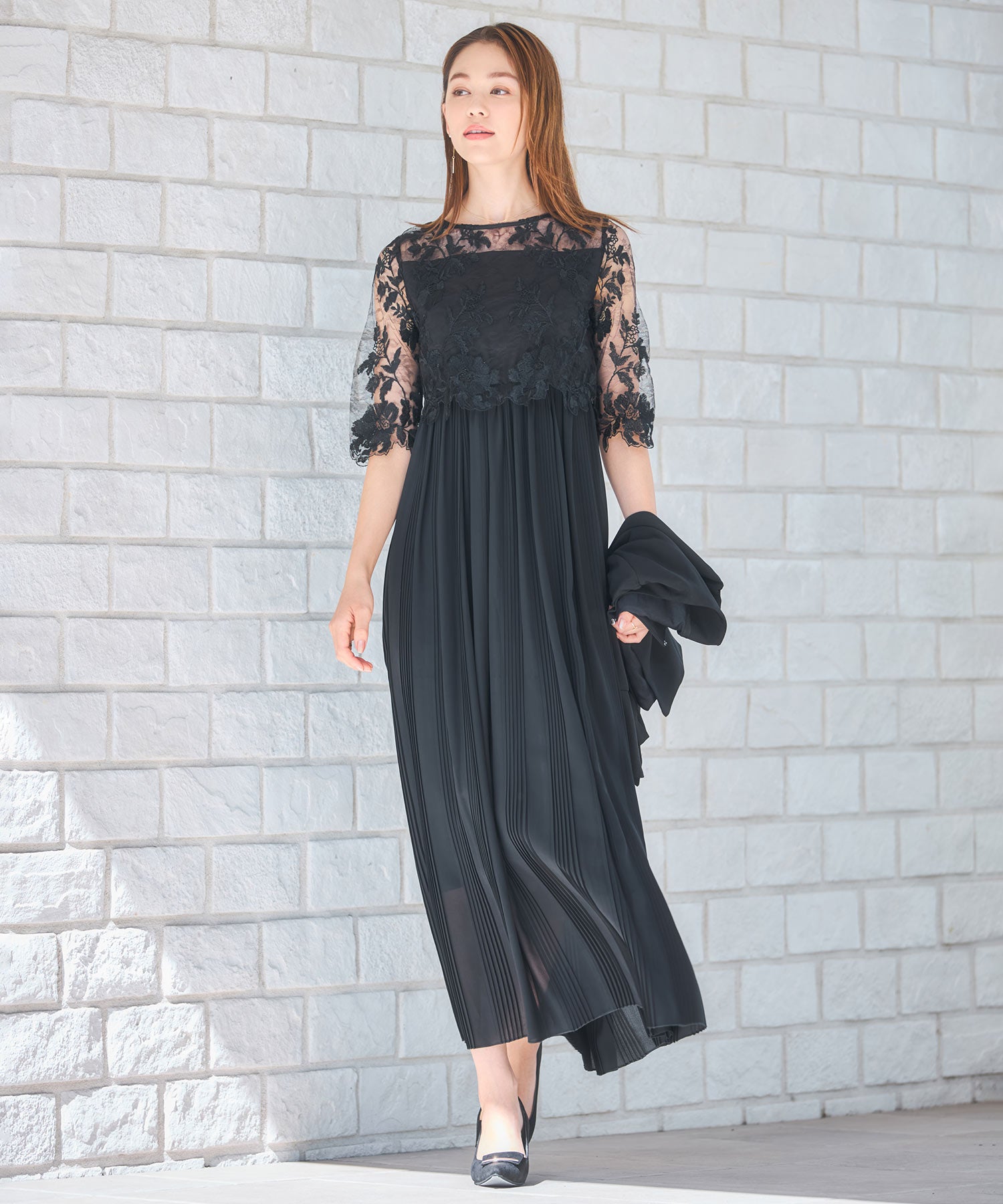 ワンピース ドレス レース プリーツ 結婚式 レース袖dsm0116