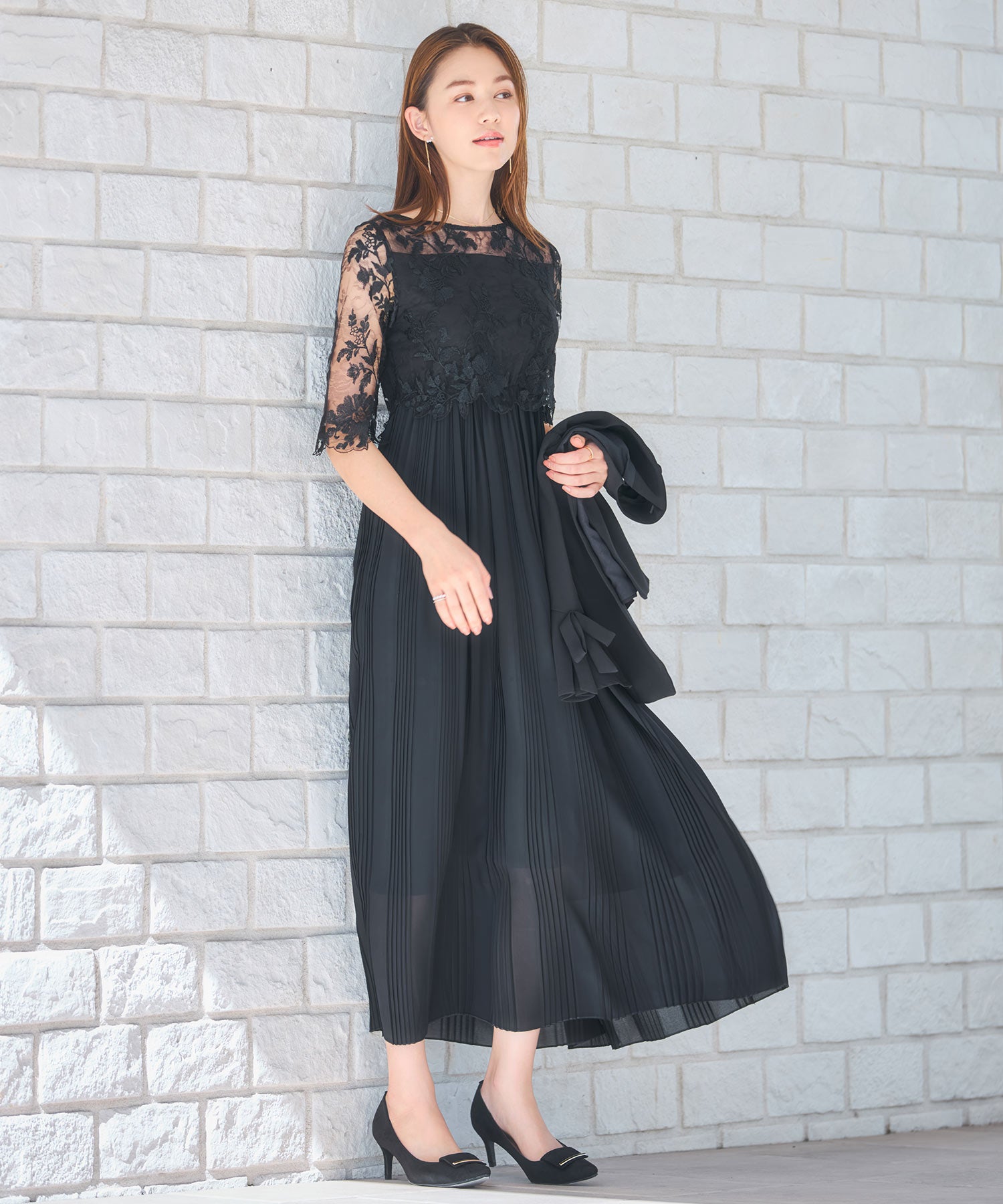 ワンピース ドレス レース プリーツ 結婚式 レース袖dsm0116