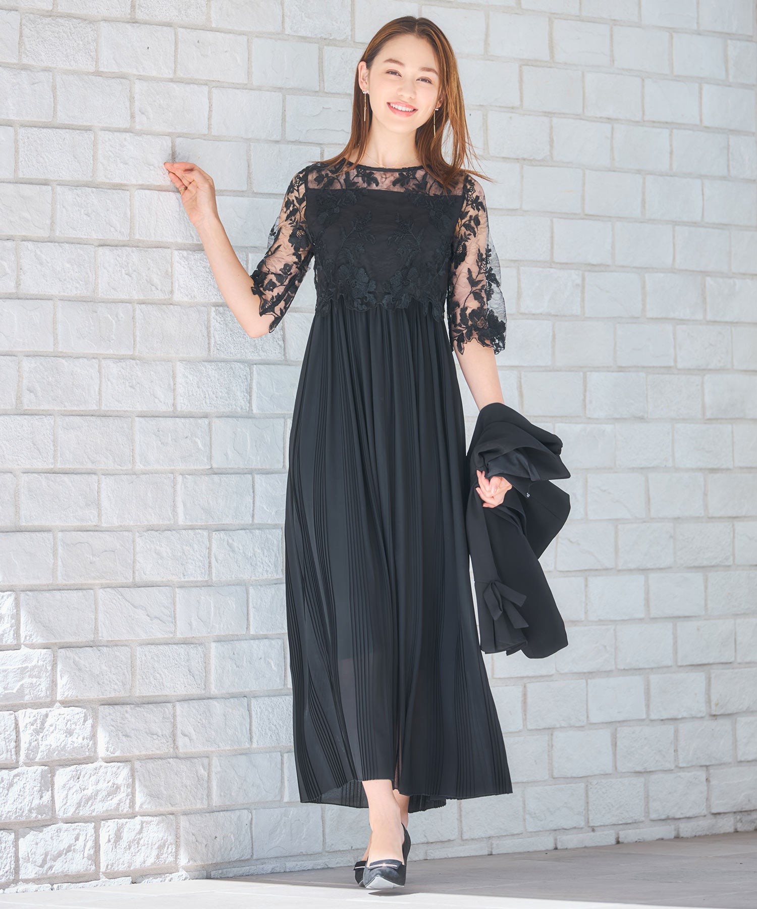 ワンピース ドレス レース プリーツ 結婚式 レース袖dsm0116